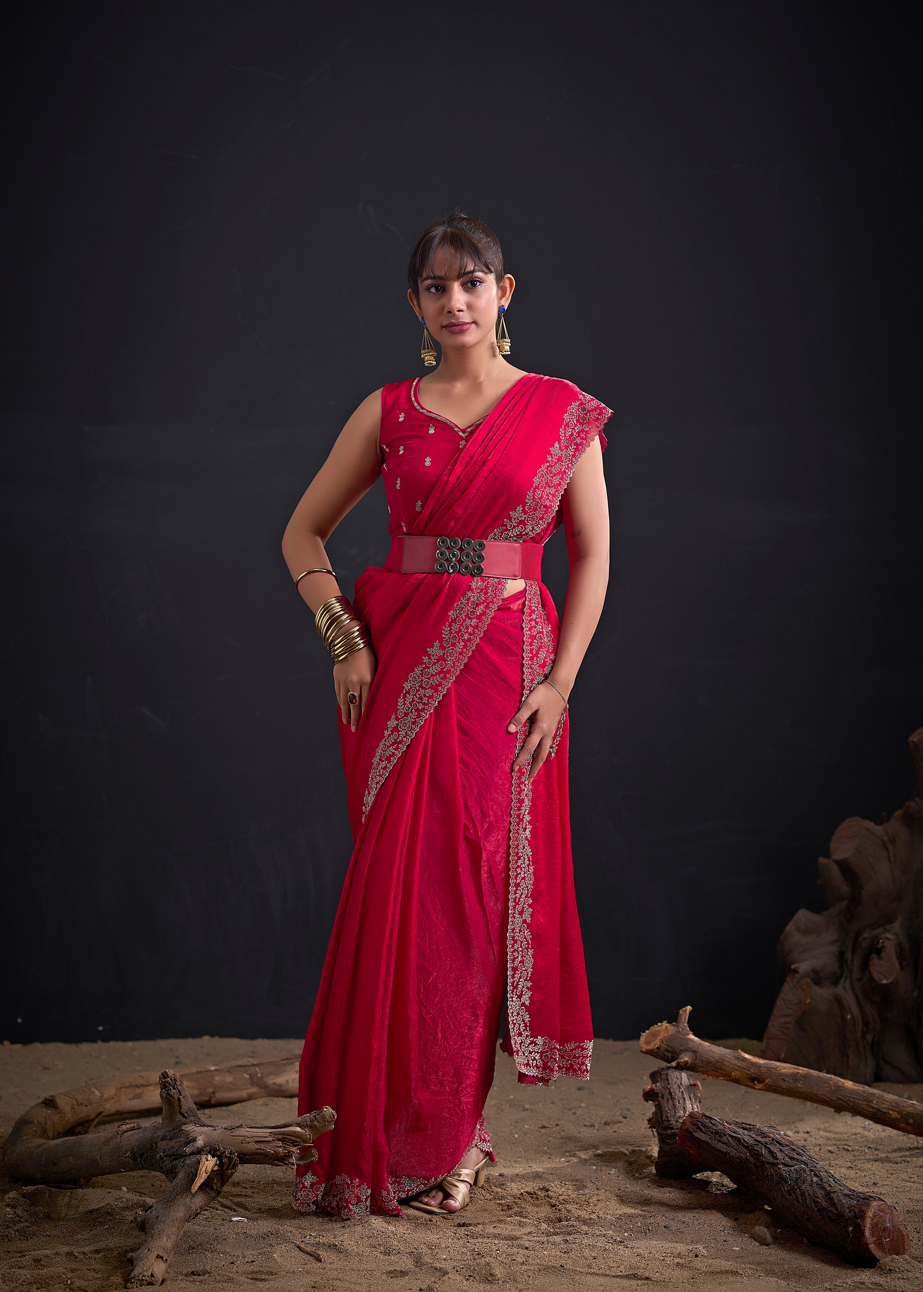 Pink Flora Embellished Satin Silk Saree