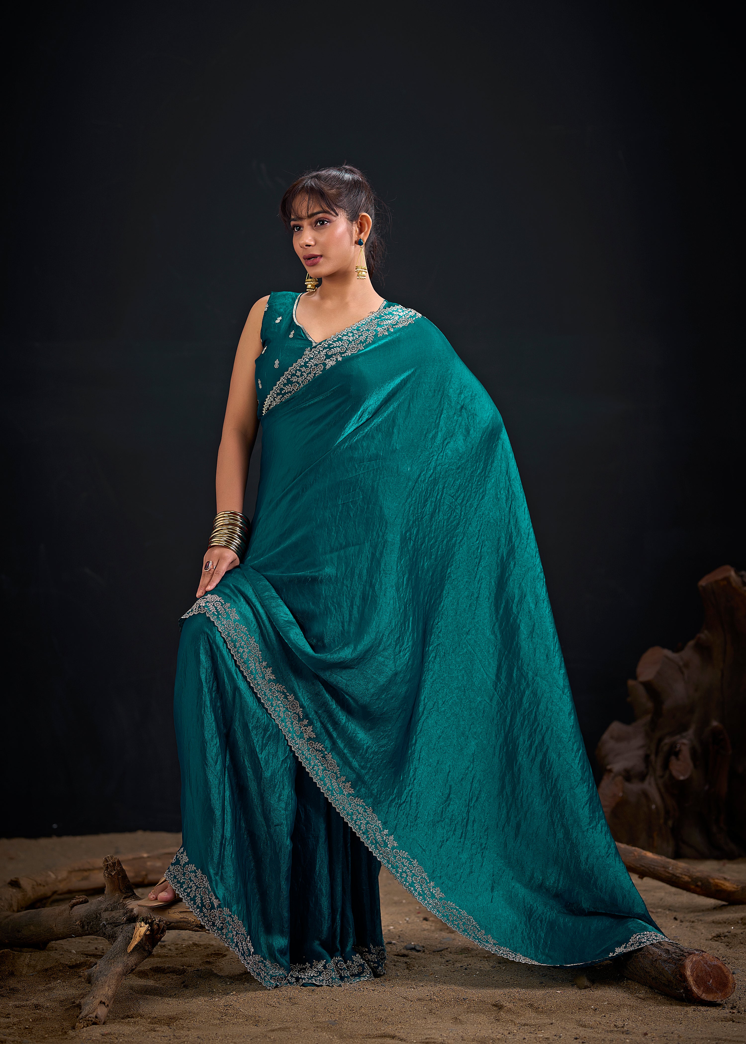 Peacock Teal Embellished Satin Silk Saree