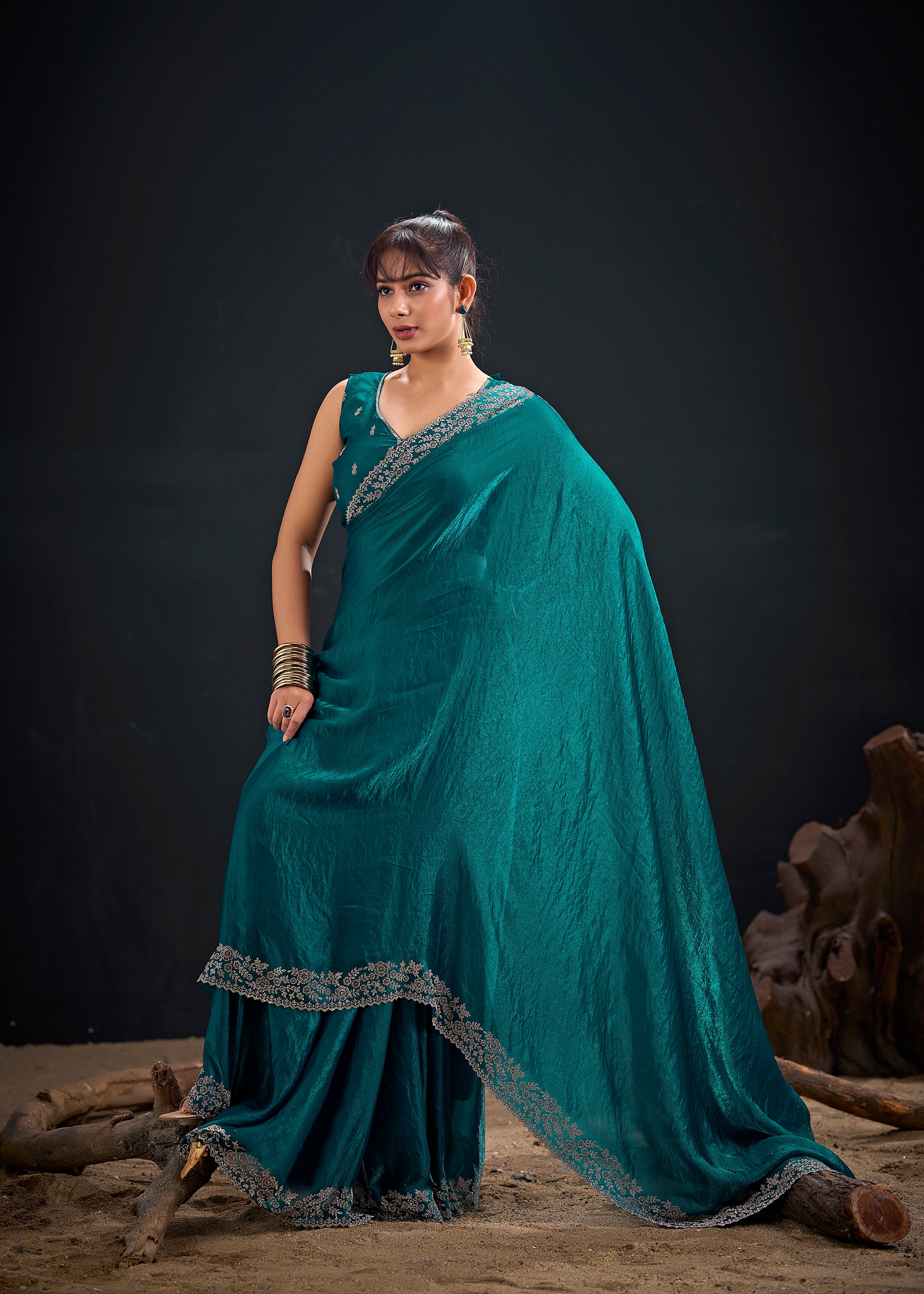 Peacock Teal Embellished Satin Silk Saree