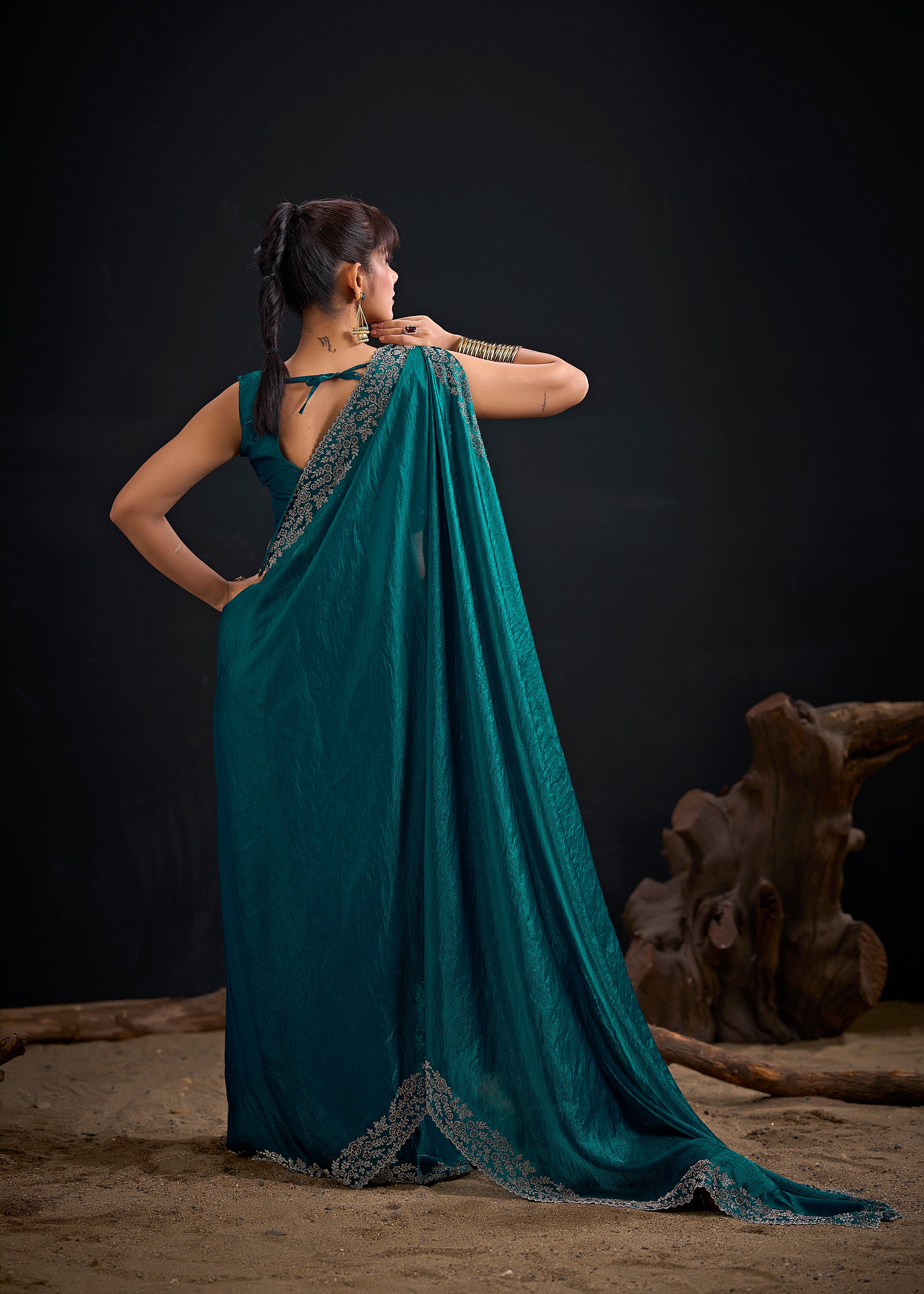 Peacock Teal Embellished Satin Silk Saree