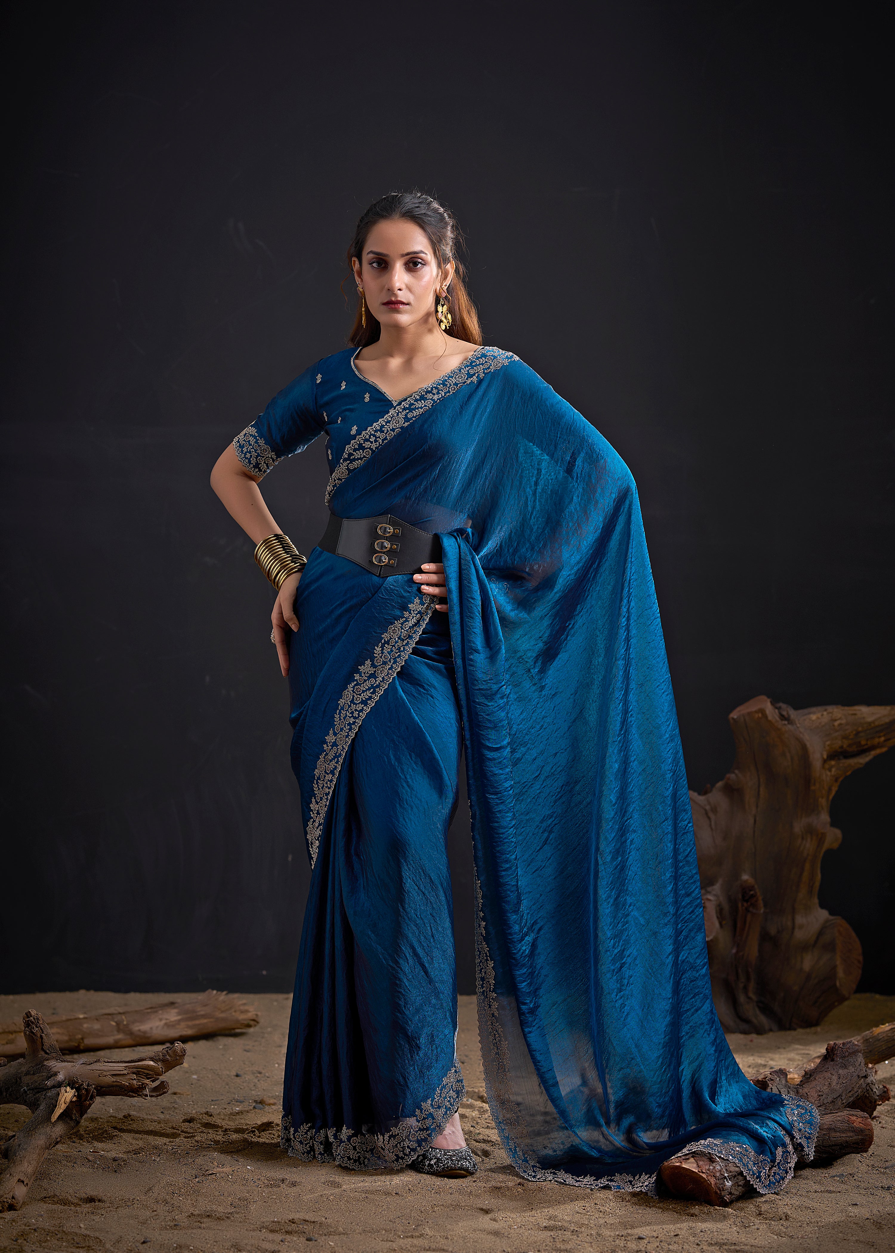 Prussian Blue Embellished Satin Silk Saree