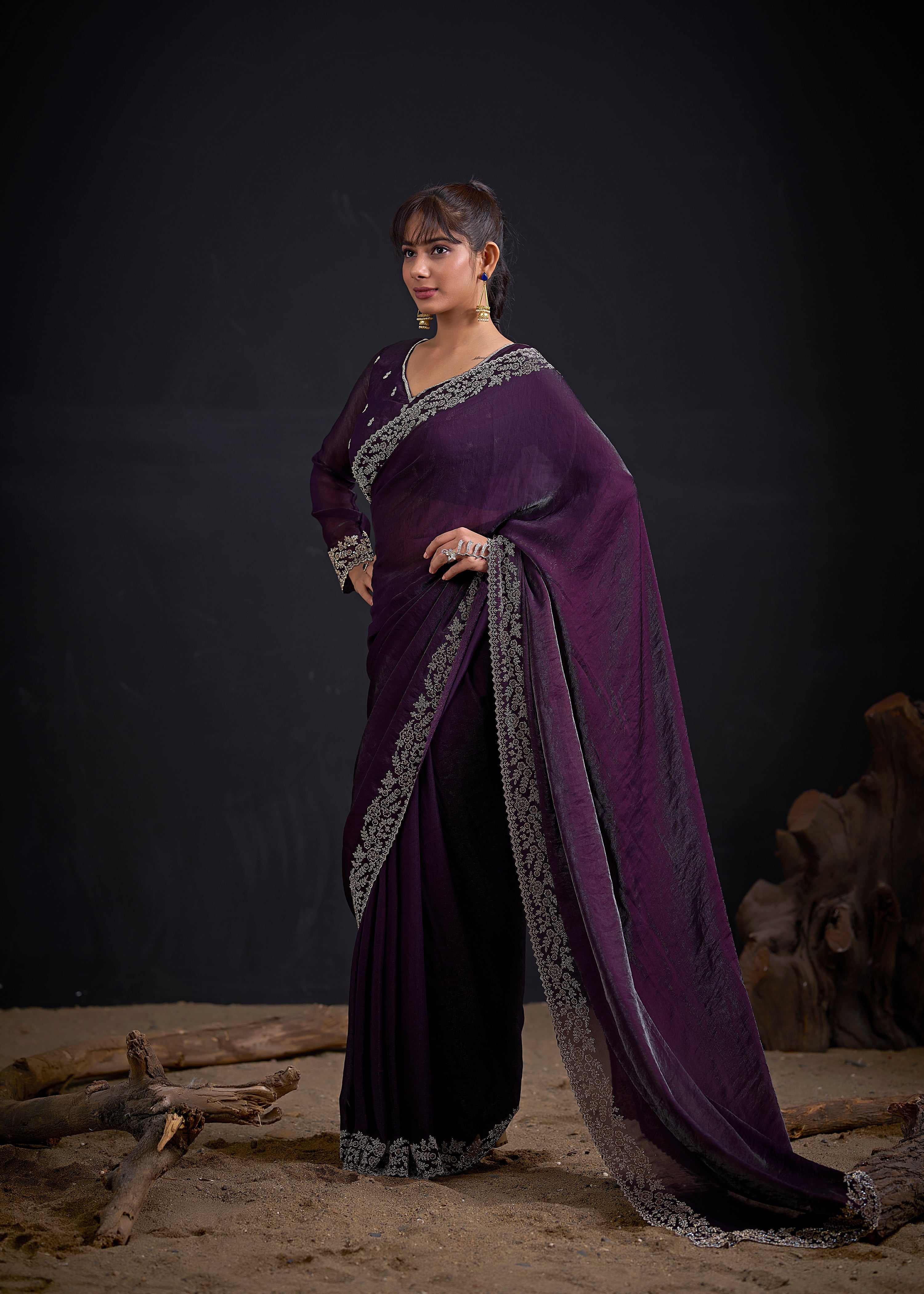 Regal Purple Embellished Satin Silk Saree