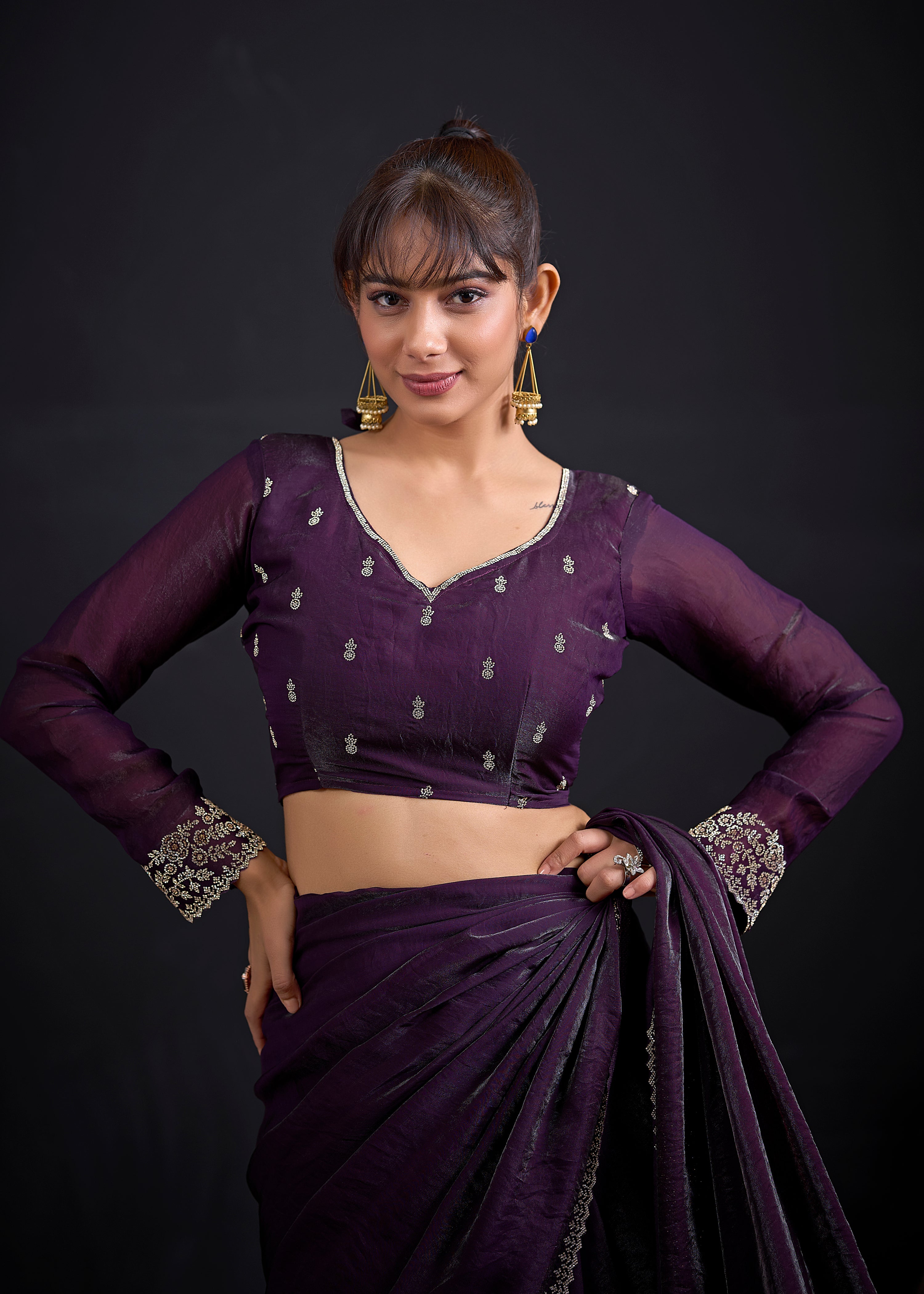 Regal Purple Embellished Satin Silk Saree