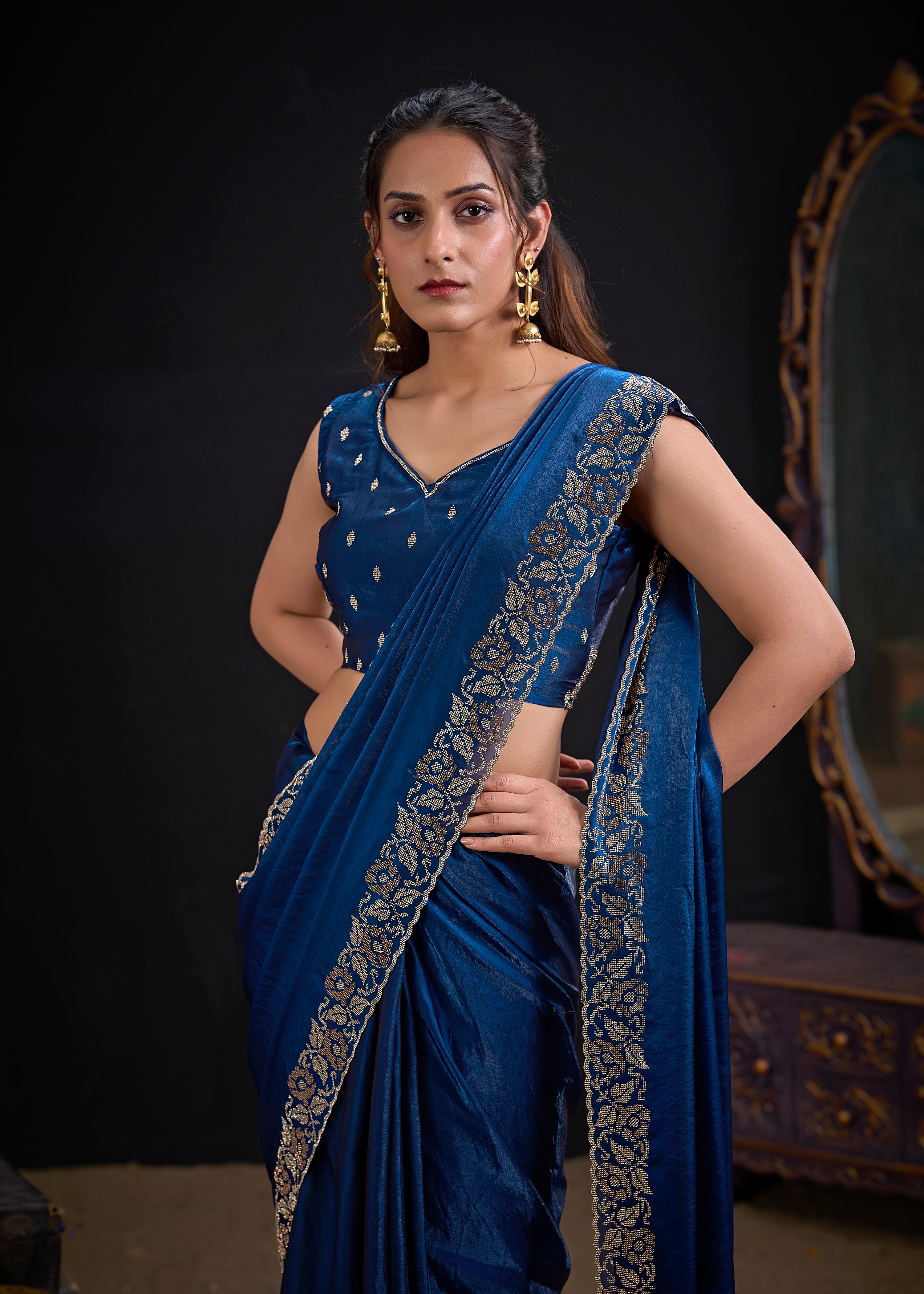 Royal Blue Embellished Satin Silk Saree
