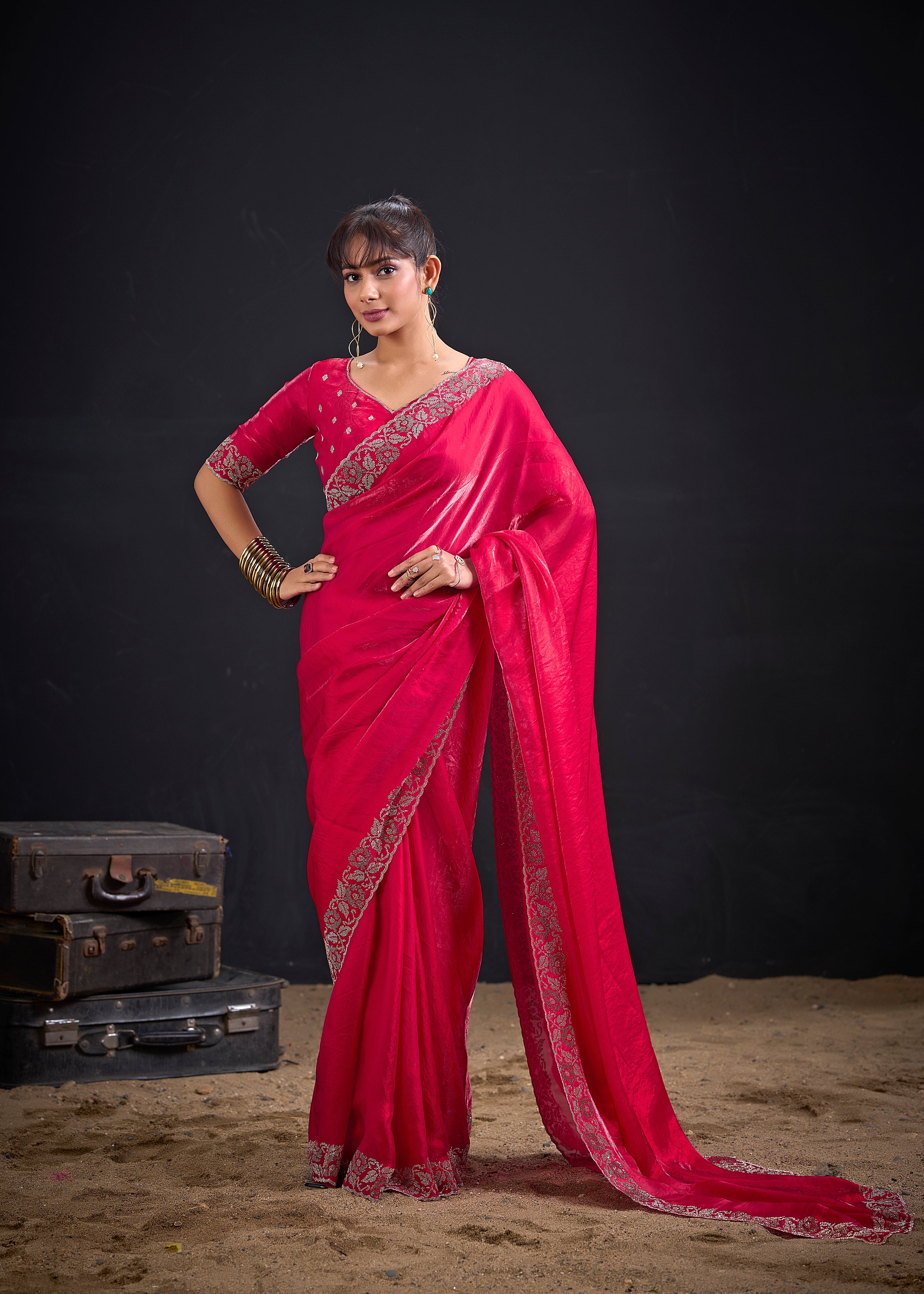 Bloom Pink Embellished Satin Silk Saree