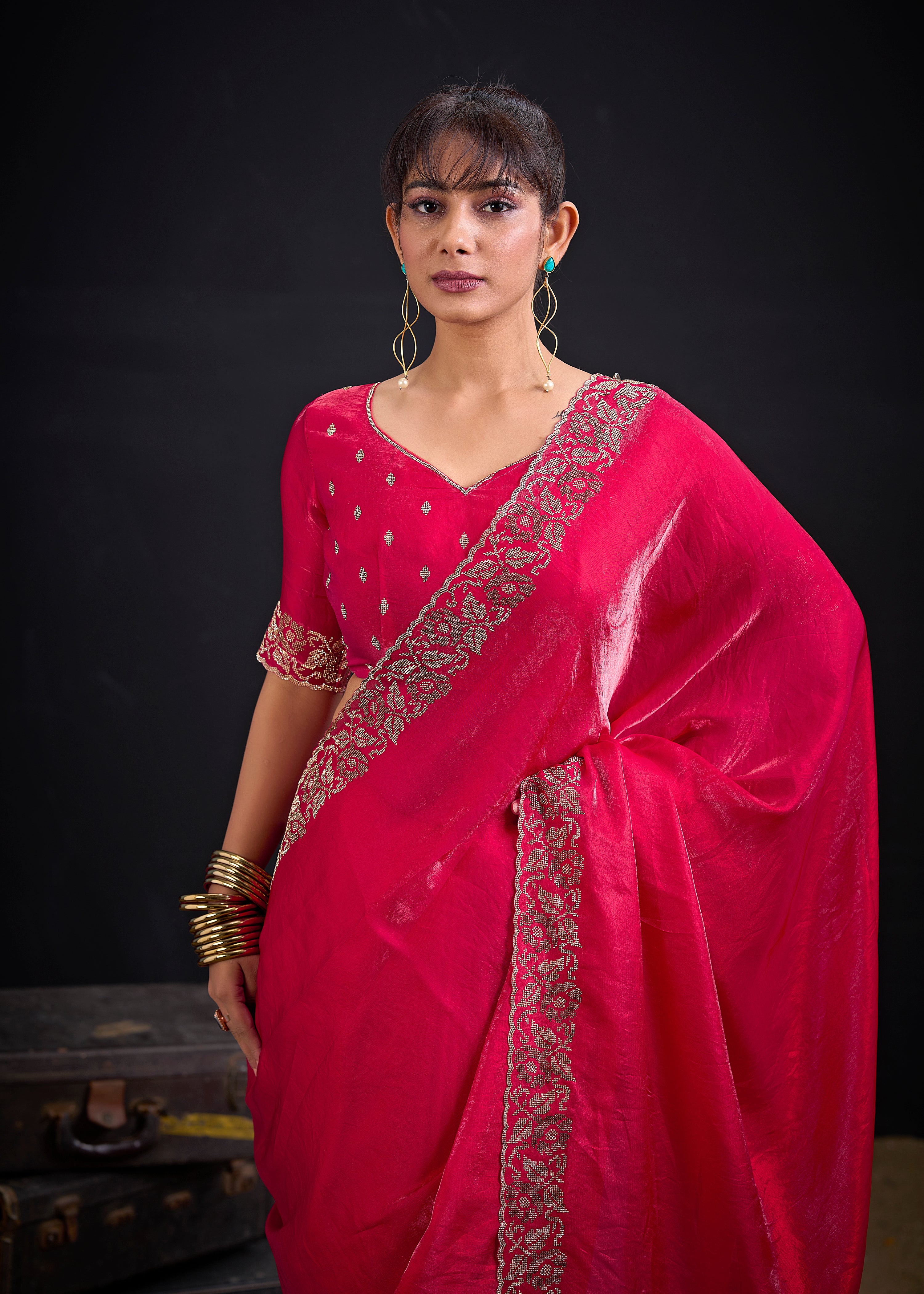 Bloom Pink Embellished Satin Silk Saree