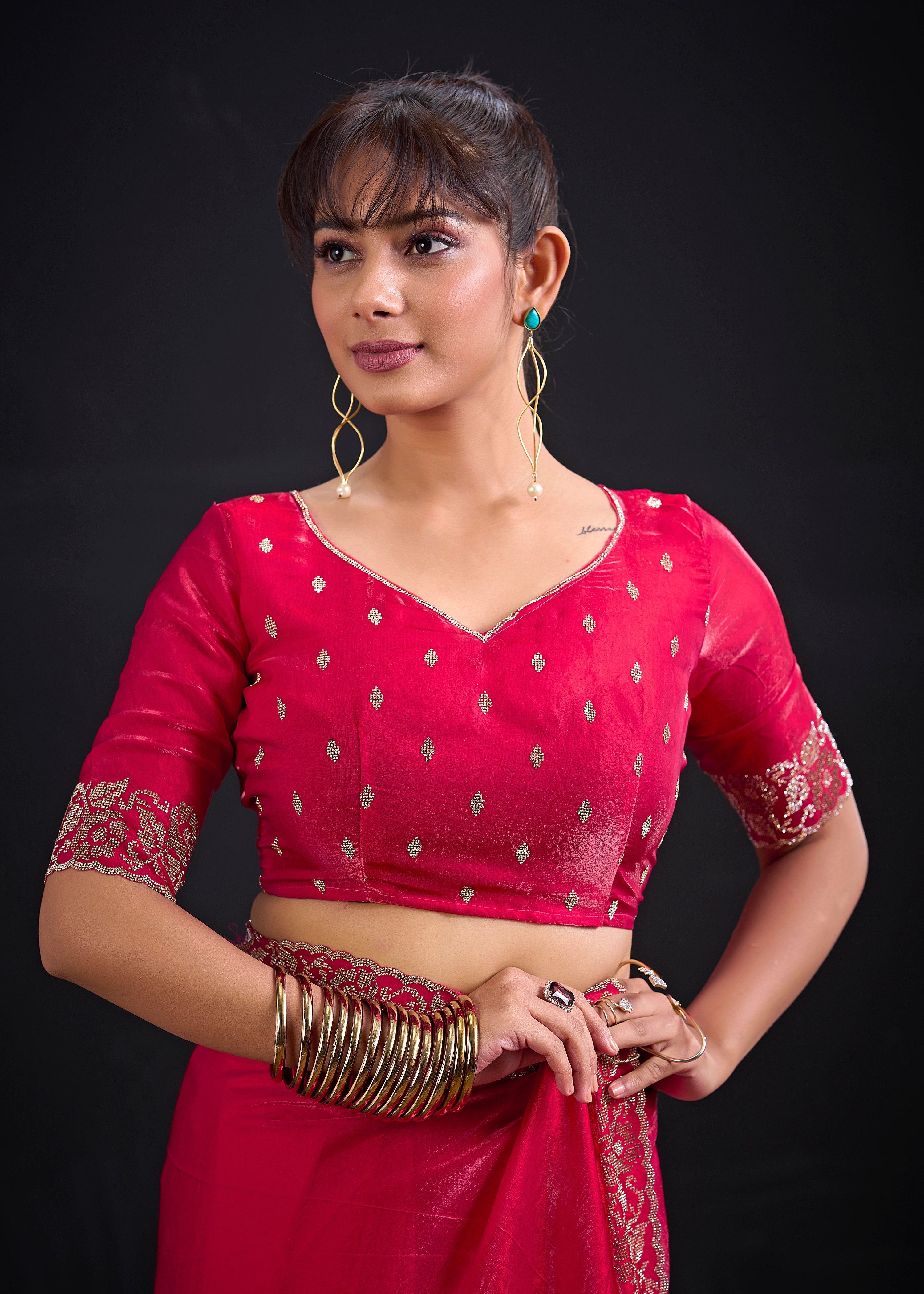 Bloom Pink Embellished Satin Silk Saree