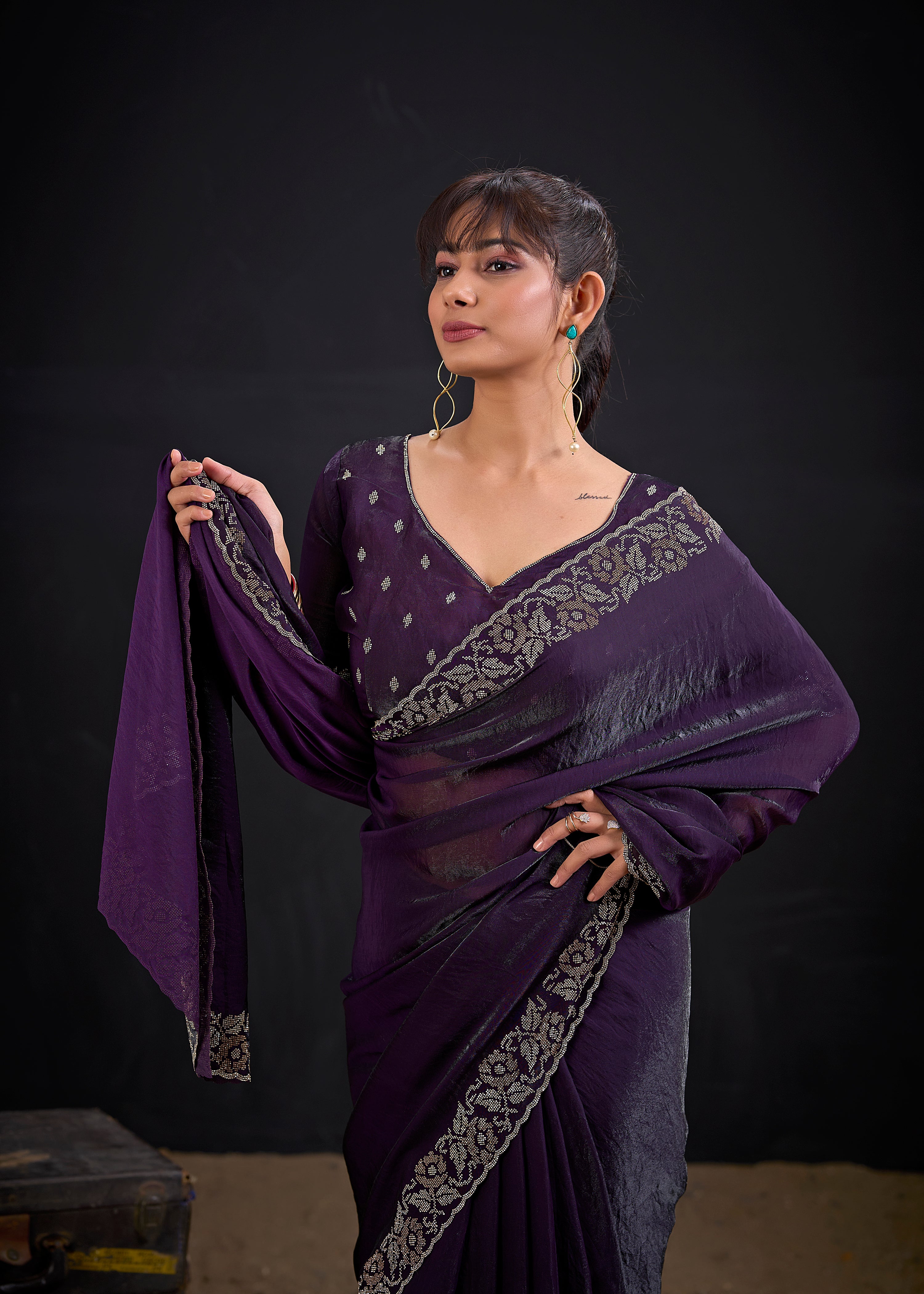 Purple Royale Embellished Satin Silk Saree