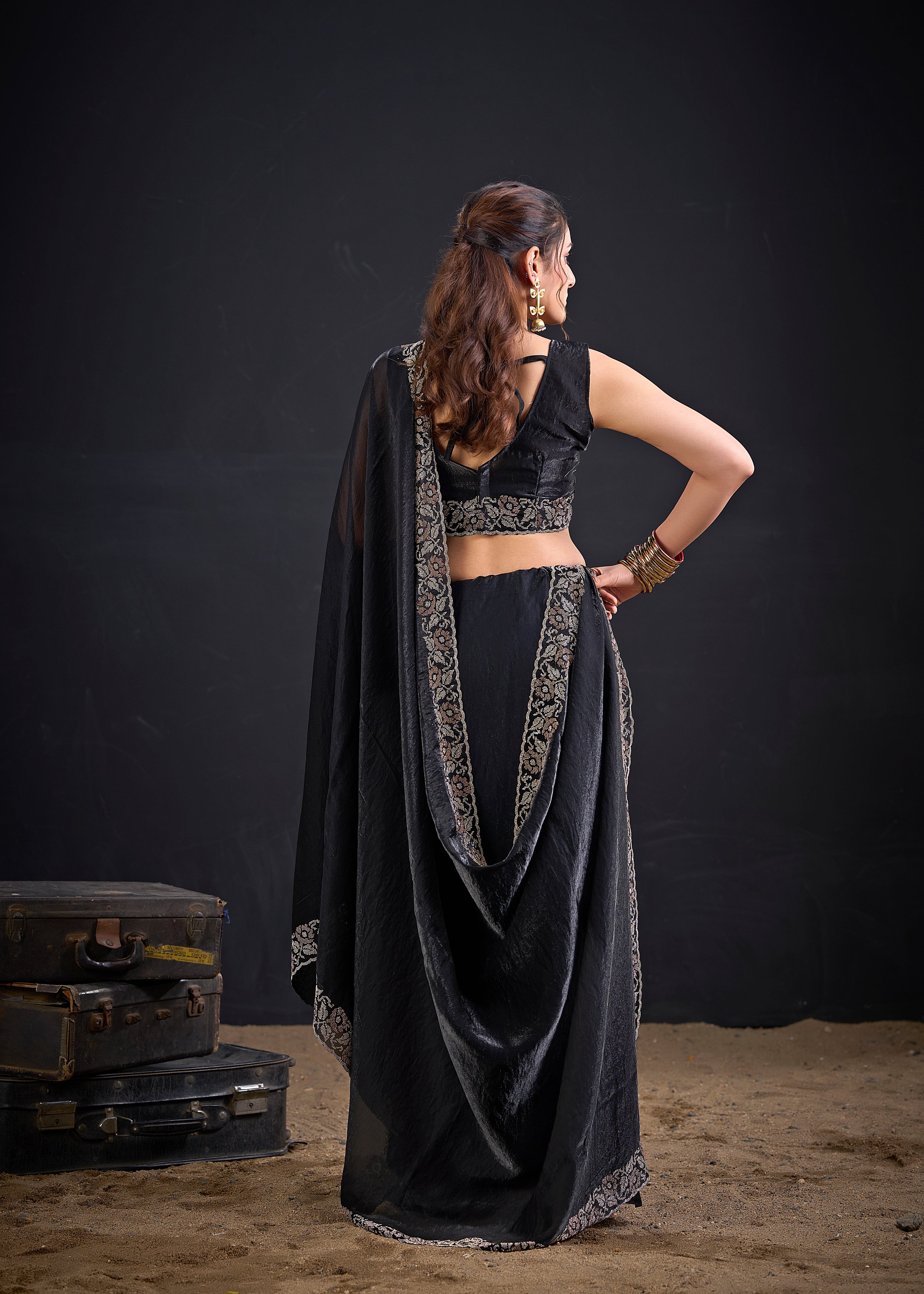 Phantom Black Embellished Satin Silk Saree