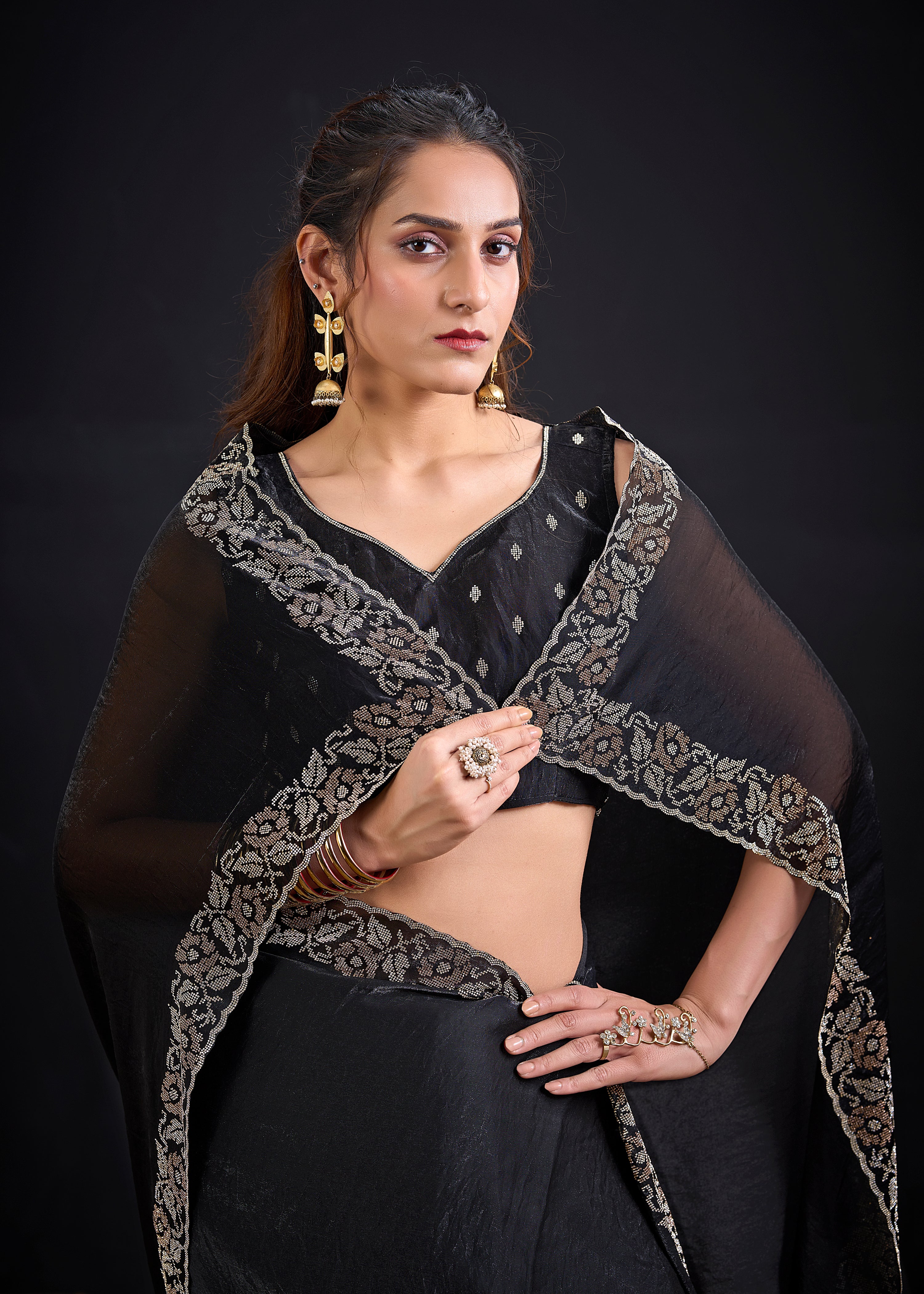 Phantom Black Embellished Satin Silk Saree