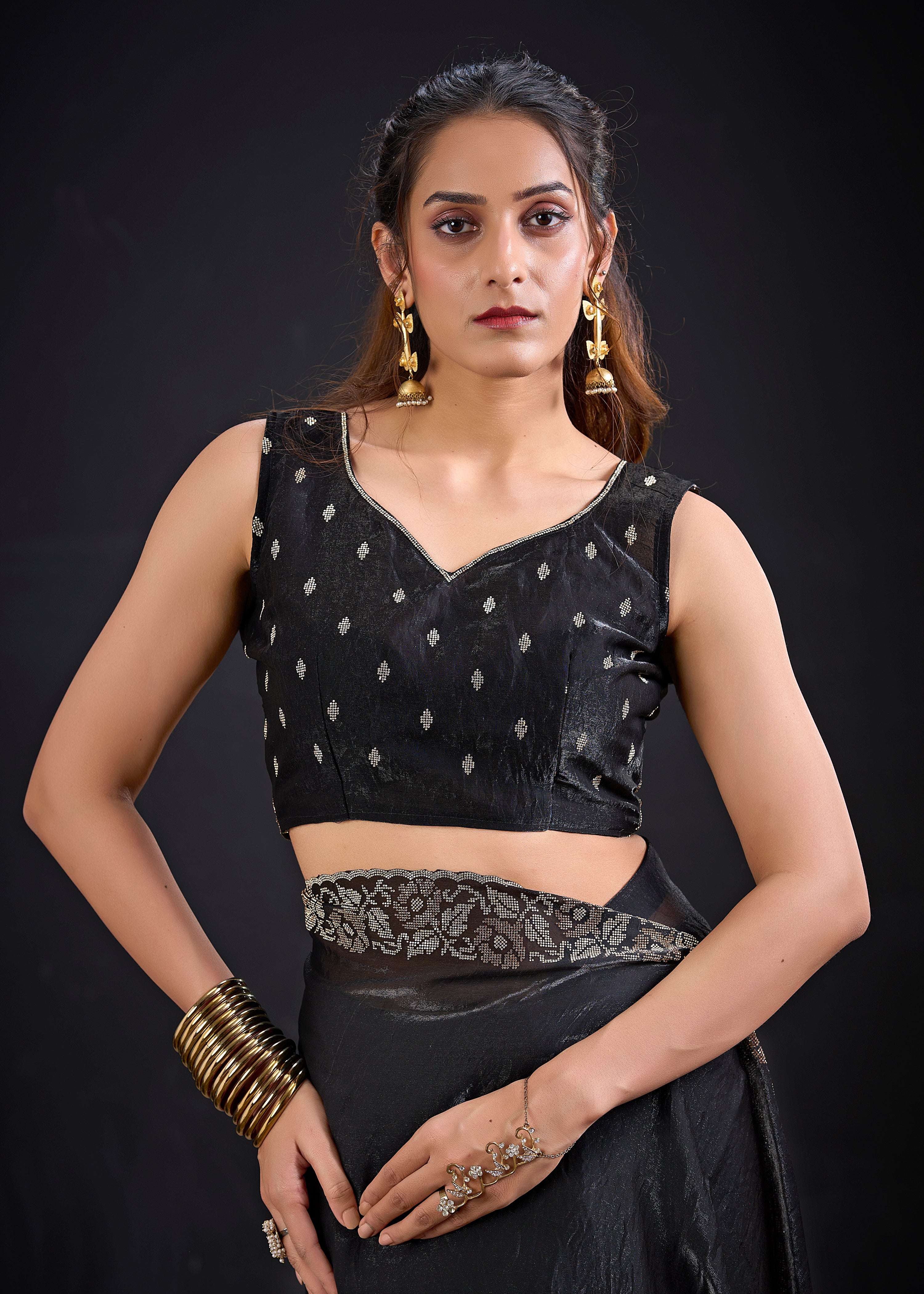 Phantom Black Embellished Satin Silk Saree