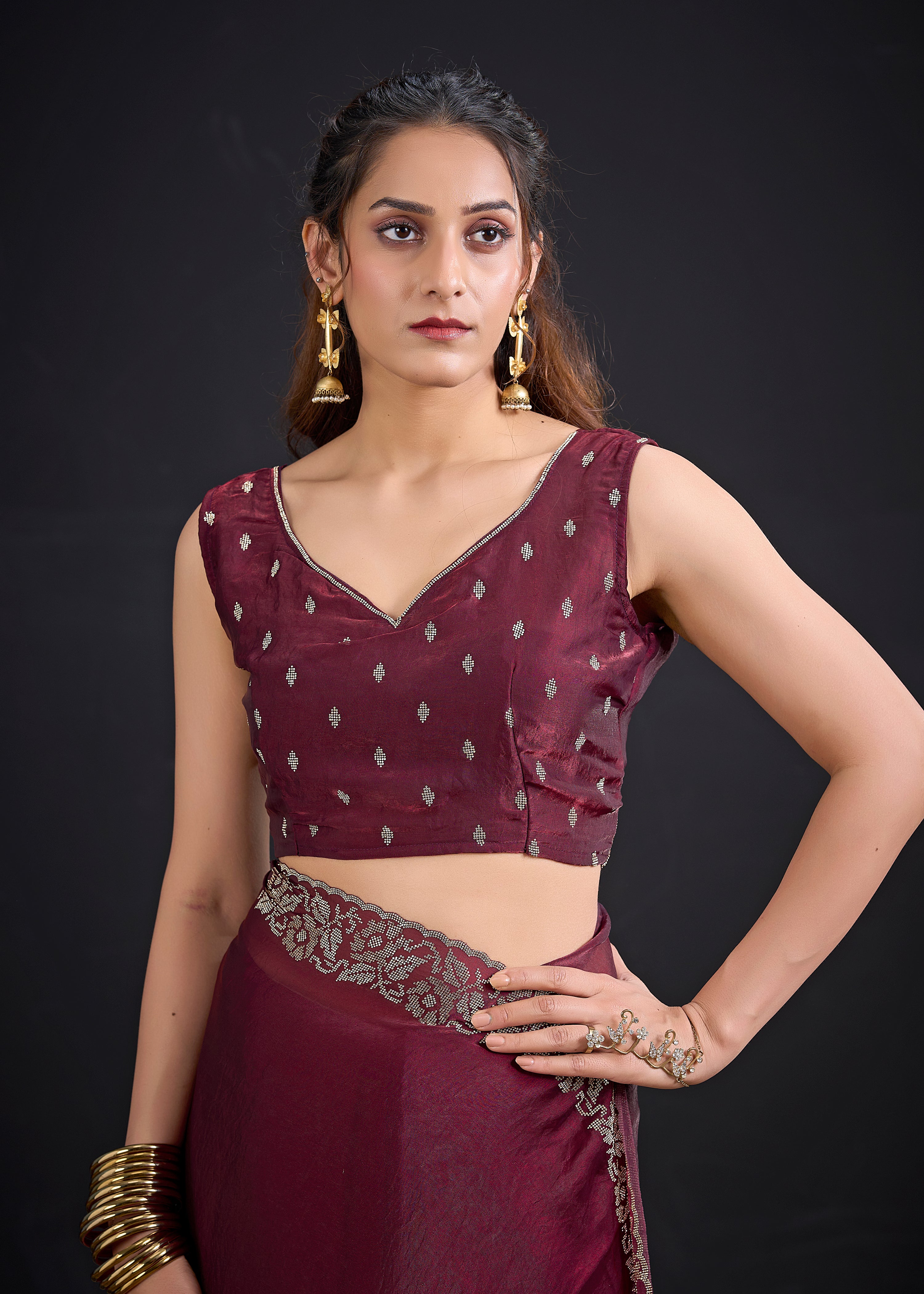 Burgundy Embellished Satin Silk Saree