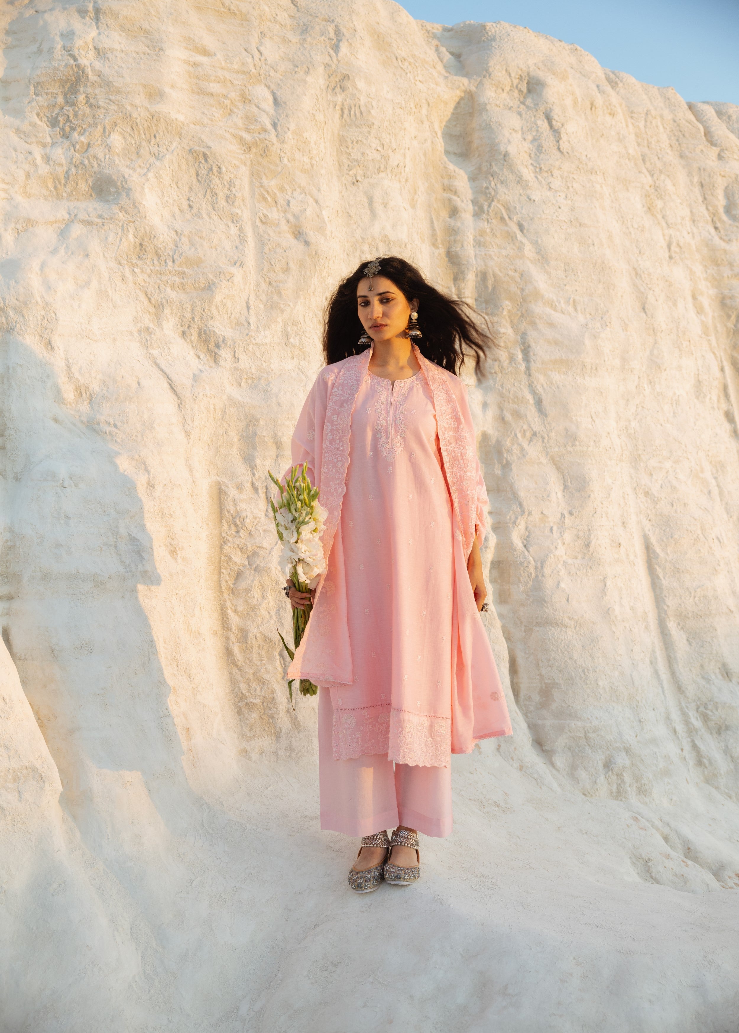 Petal Pink Embroidered Mul-Chanderi Silk Pant Set