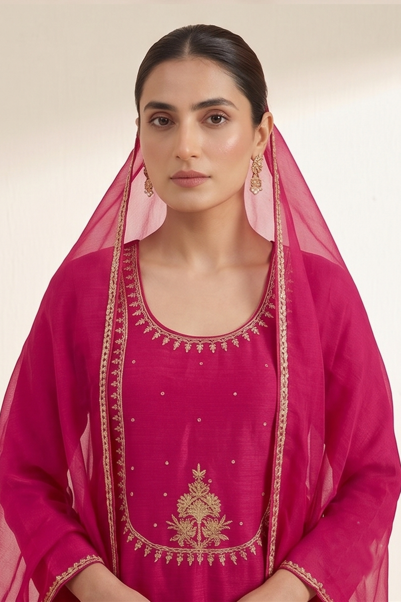 Bright Pink Embroidered Suit Set