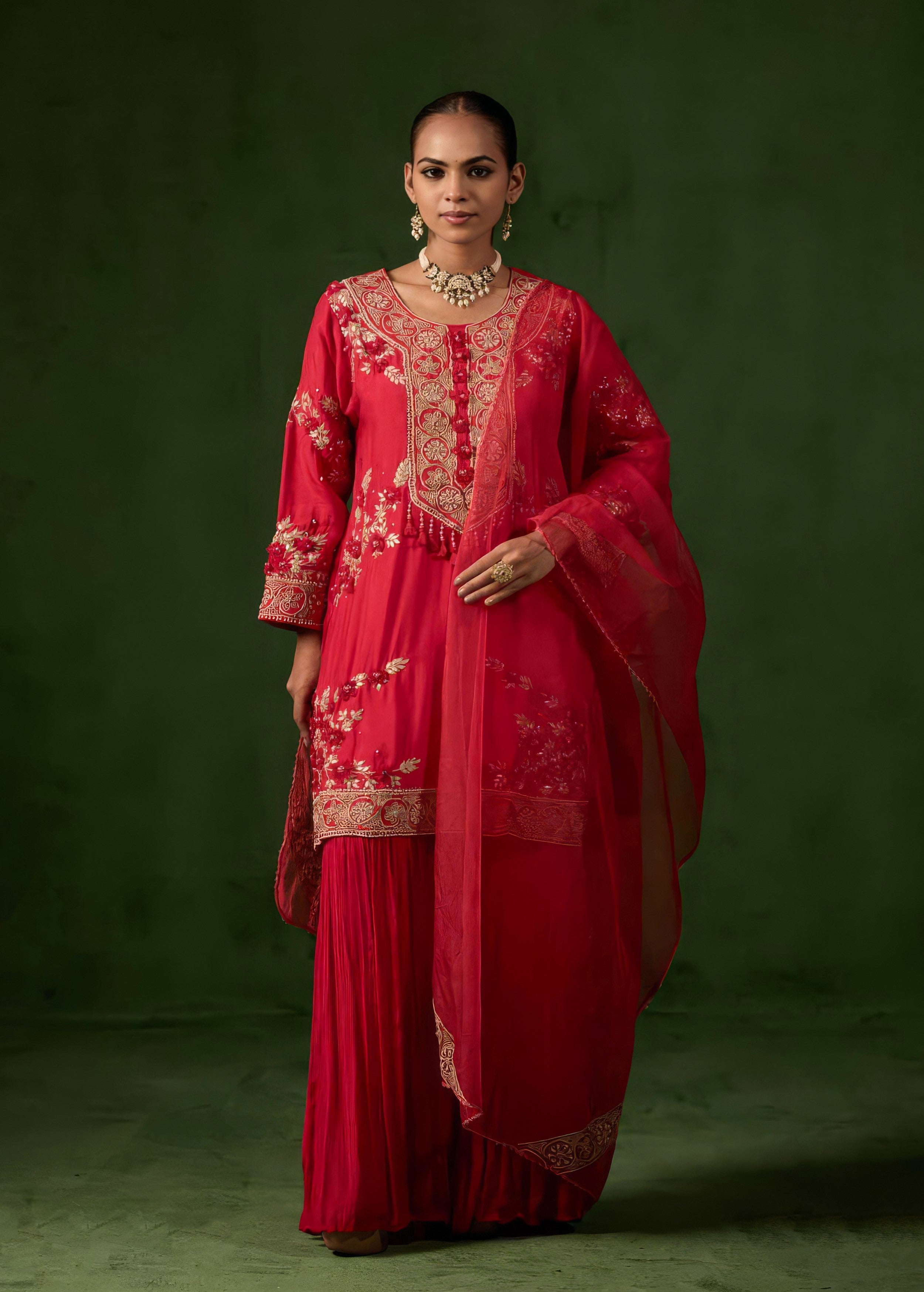 Cherry Red Embellished Raw Silk Sharara Set
