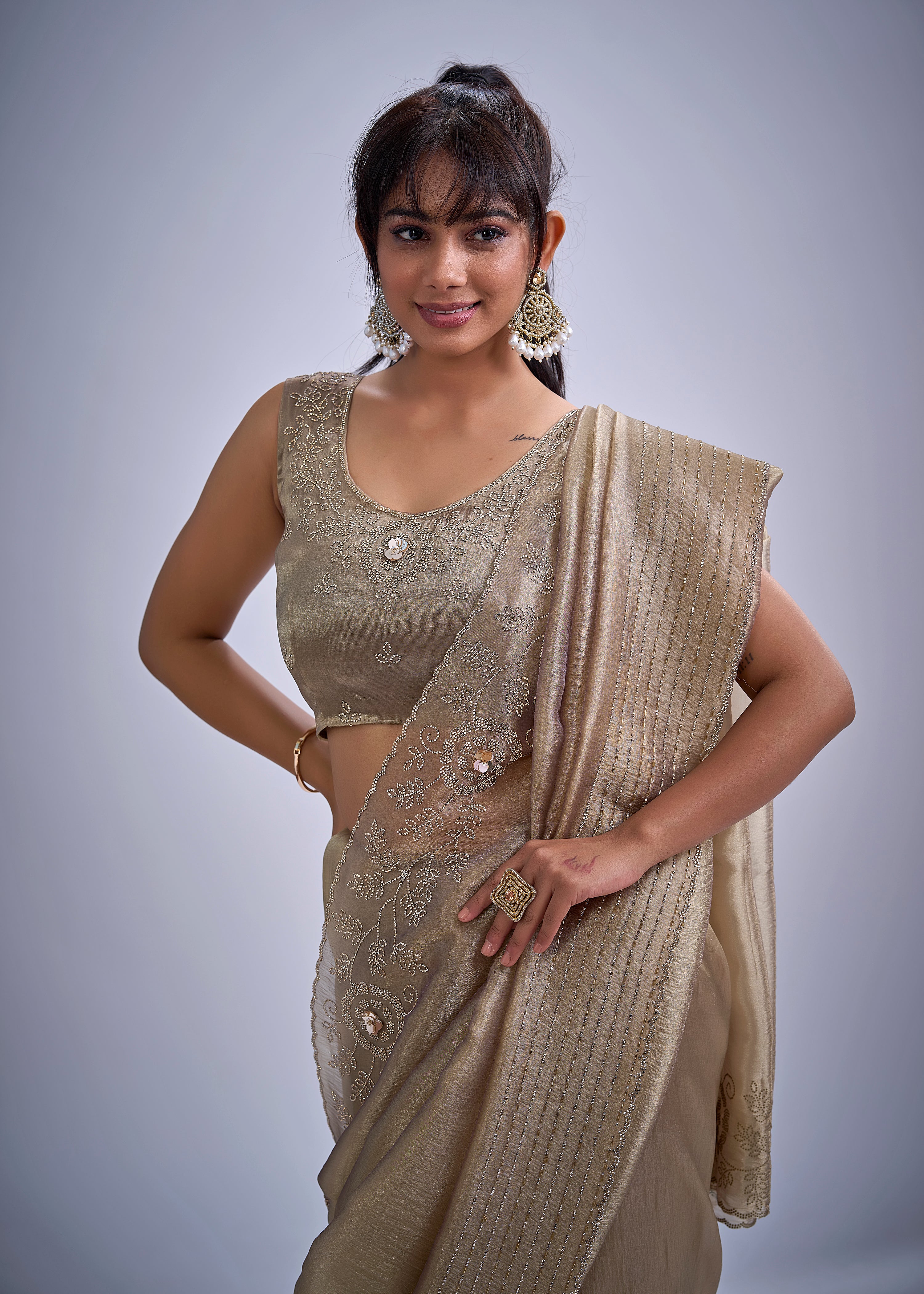 Metallic Gold Embellished Tissue Silk Saree