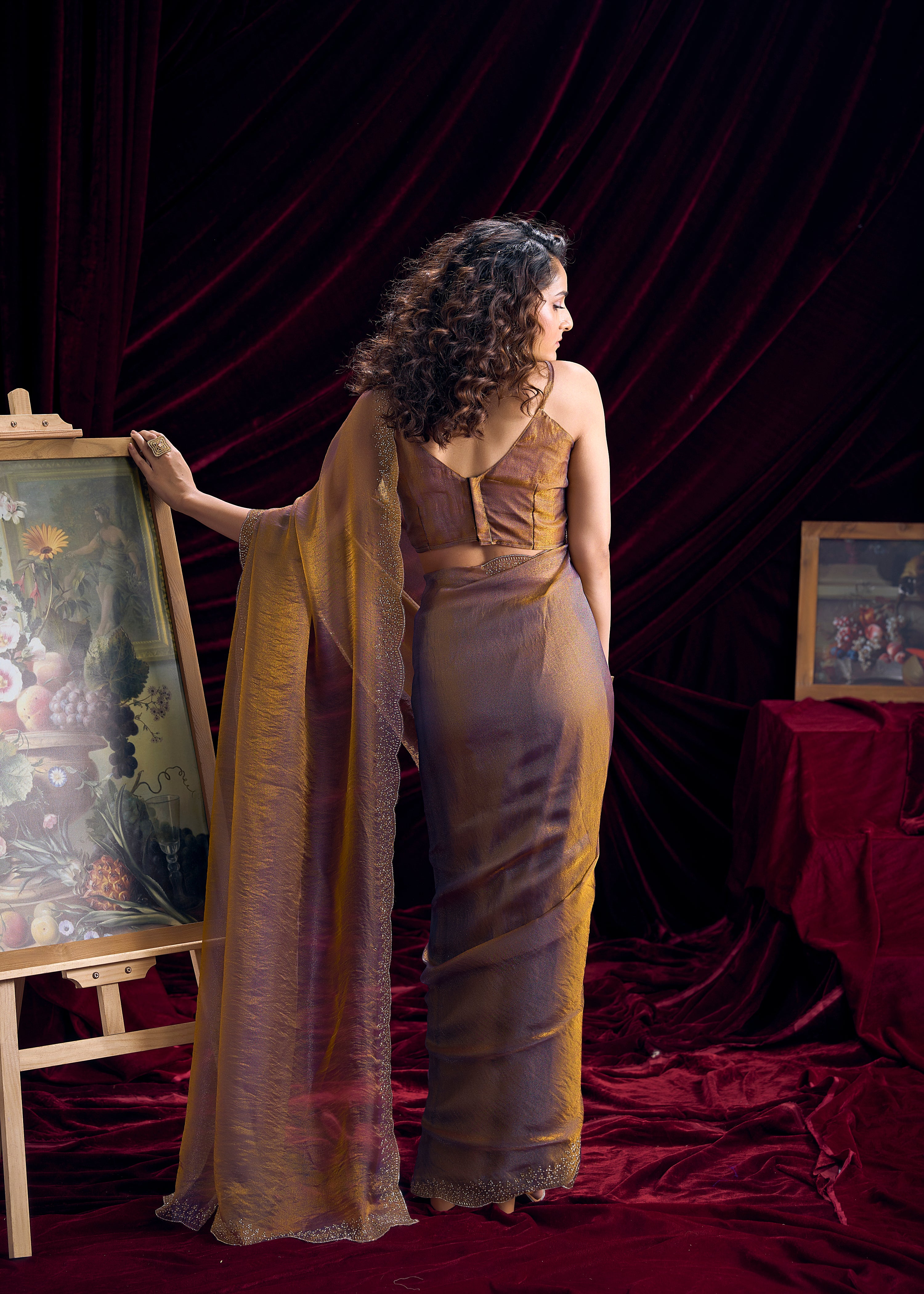 Copper Mauve Embellished Tissue Silk Saree