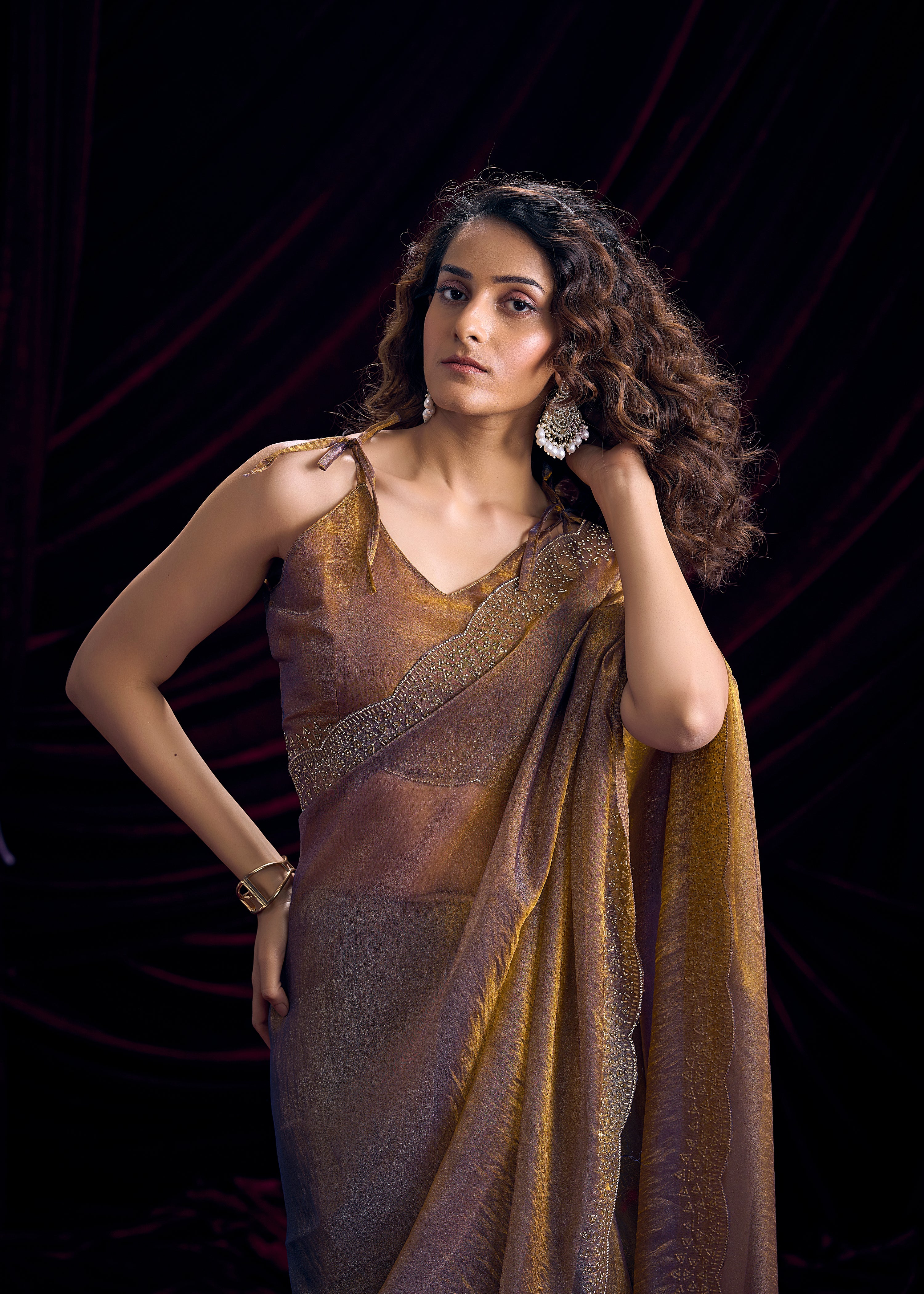 Copper Mauve Embellished Tissue Silk Saree