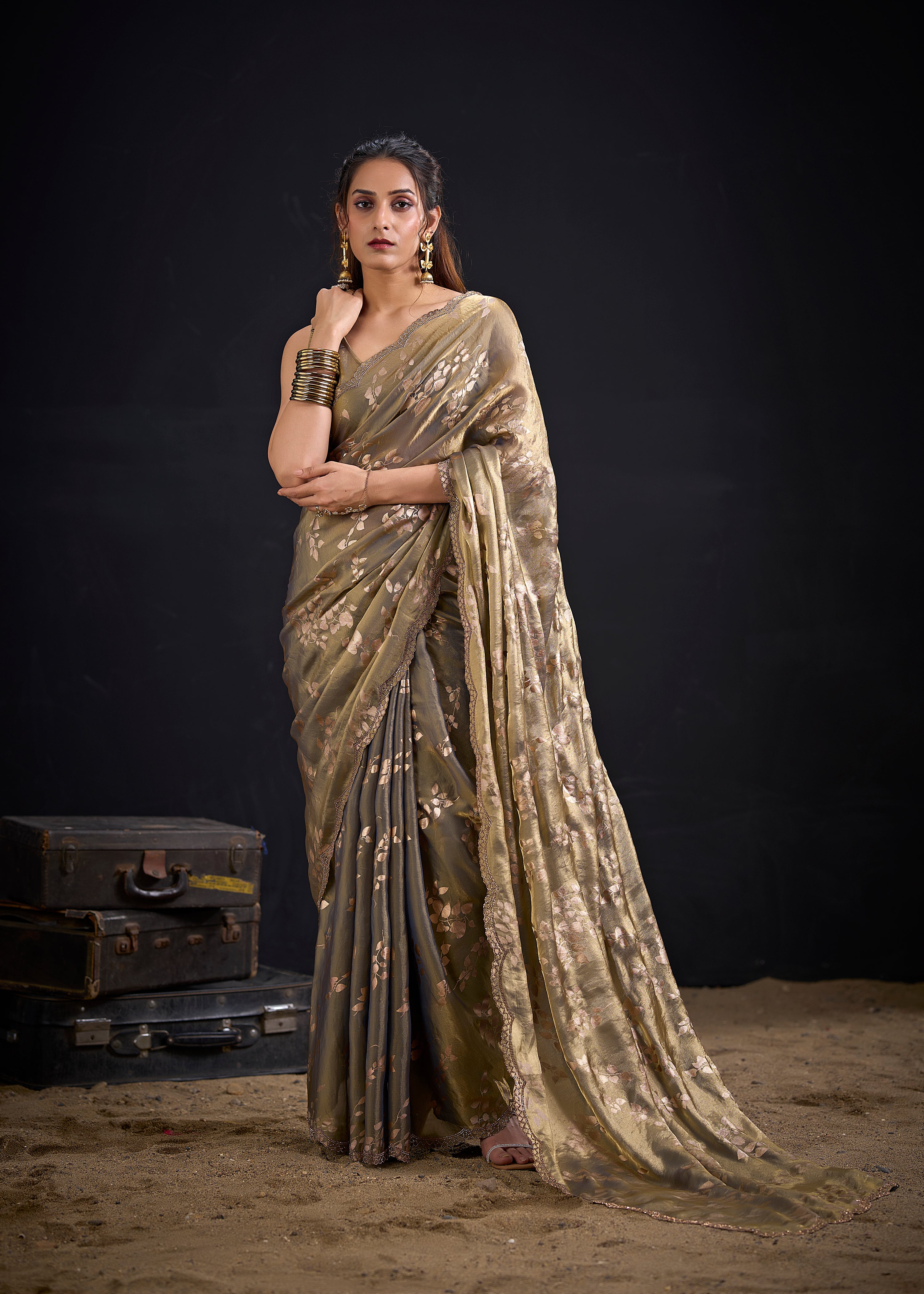 Olive Grey Embellished Satin Silk Saree