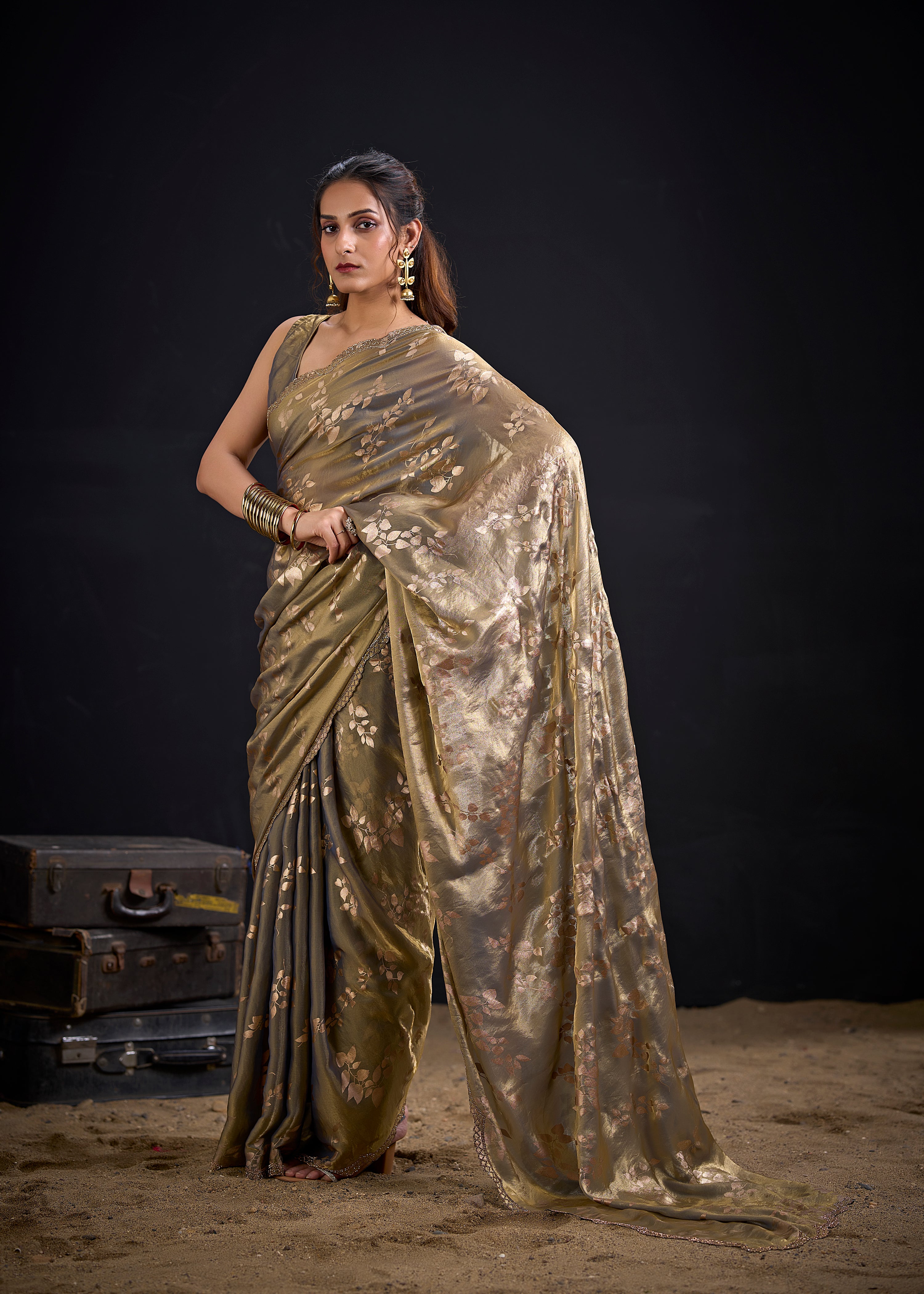Olive Grey Embellished Satin Silk Saree
