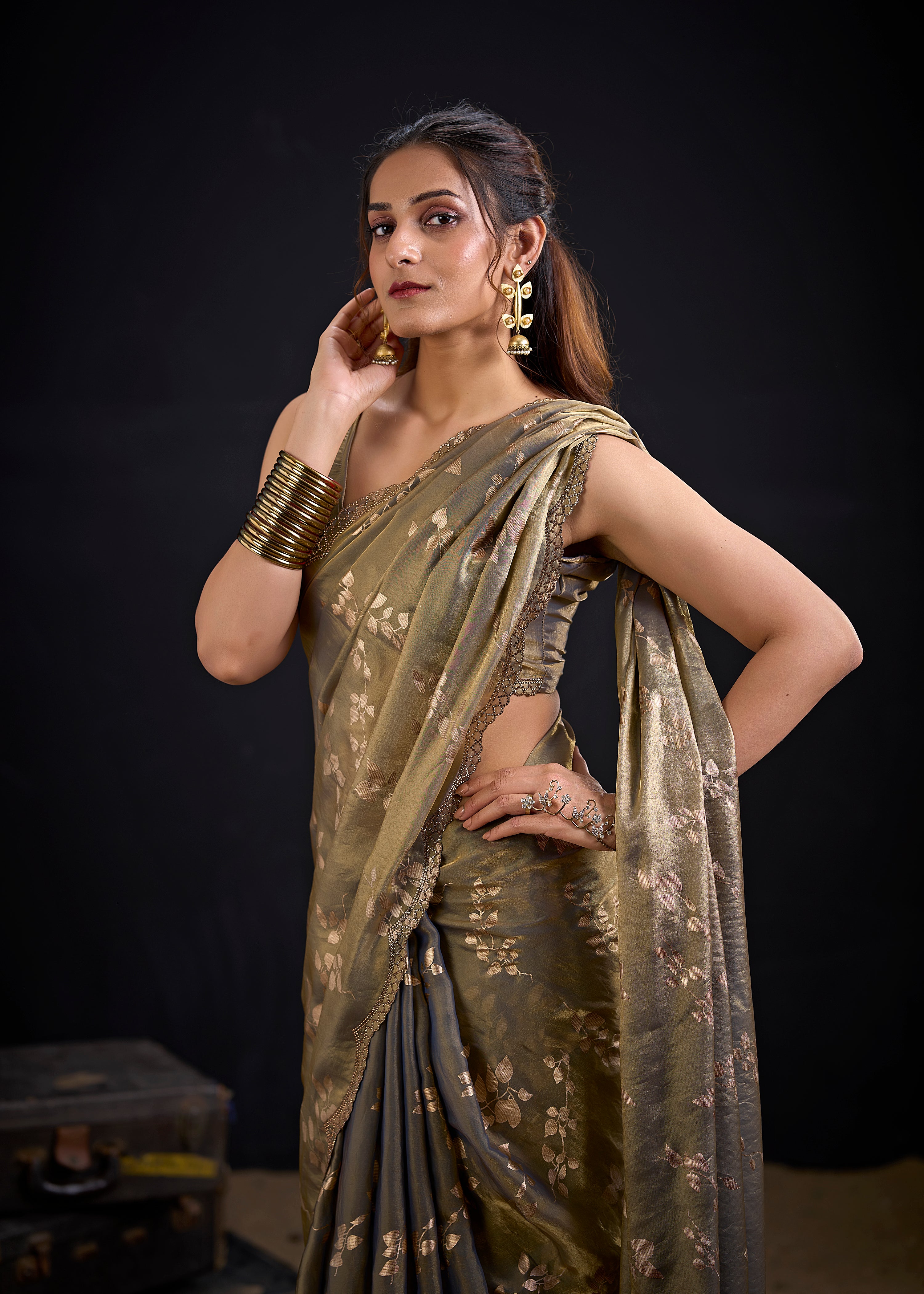 Olive Grey Embellished Satin Silk Saree