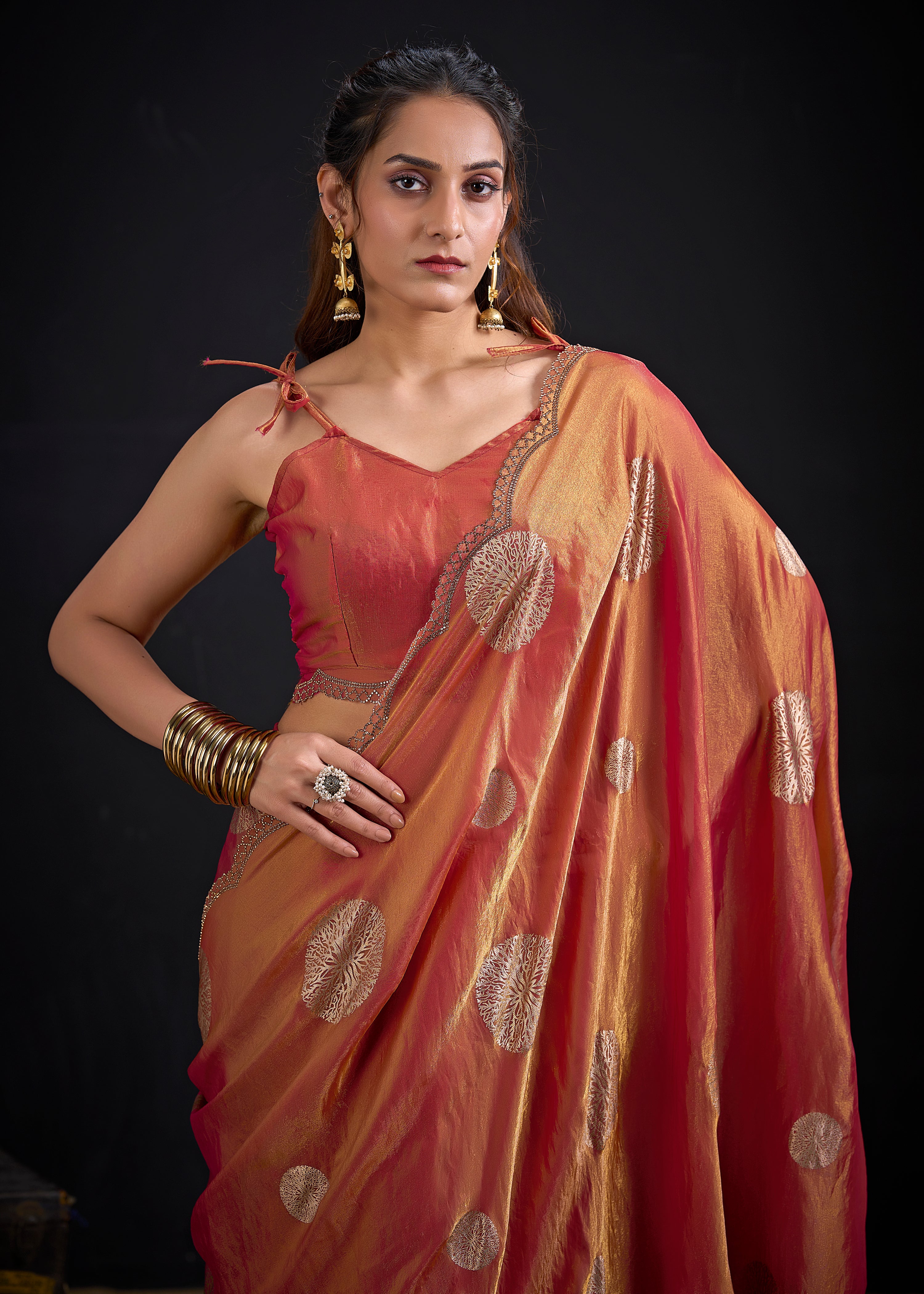 Coral Gold Embellished Satin Silk Saree