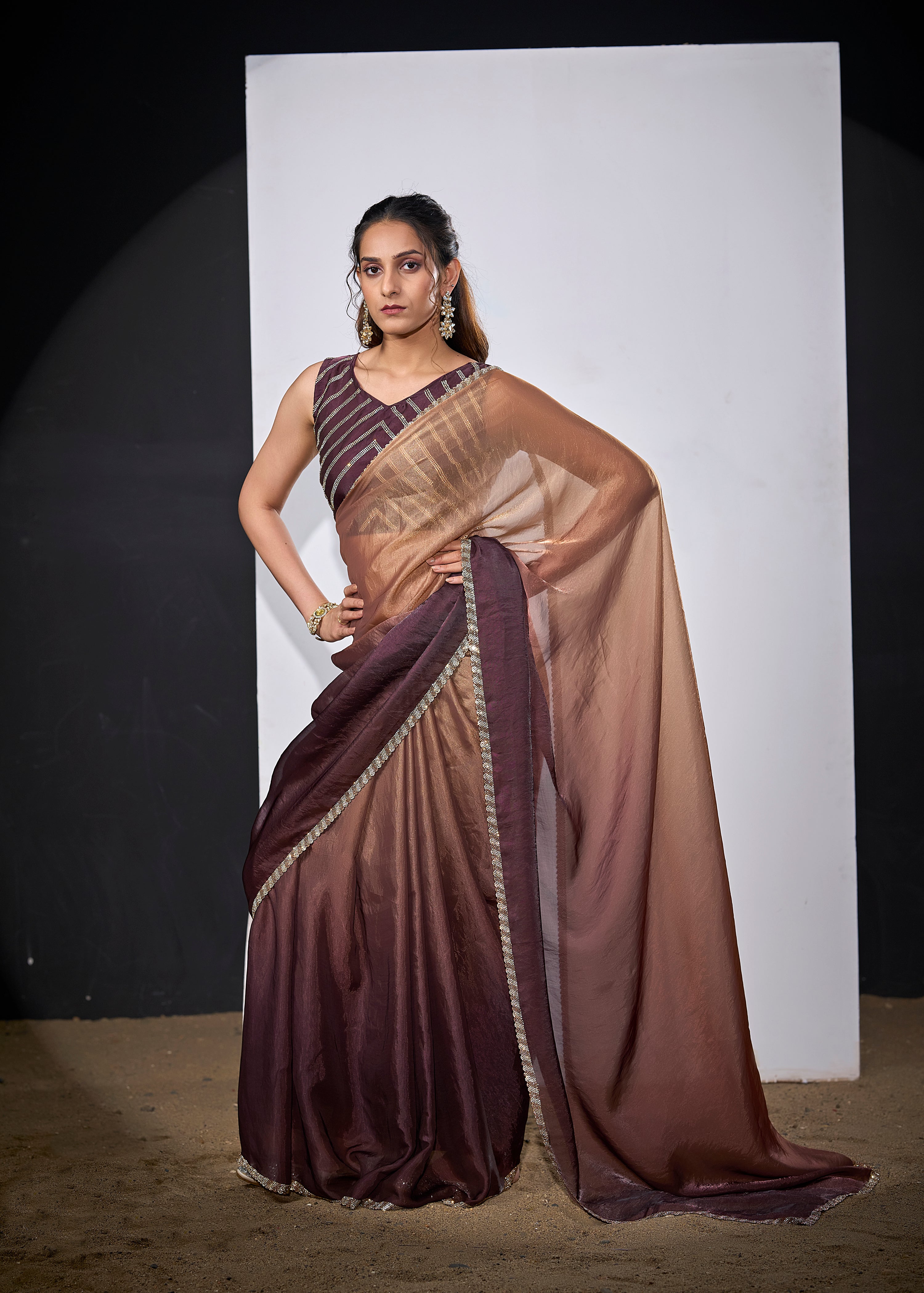 Mocha Mauve Embellished Satin Silk Saree