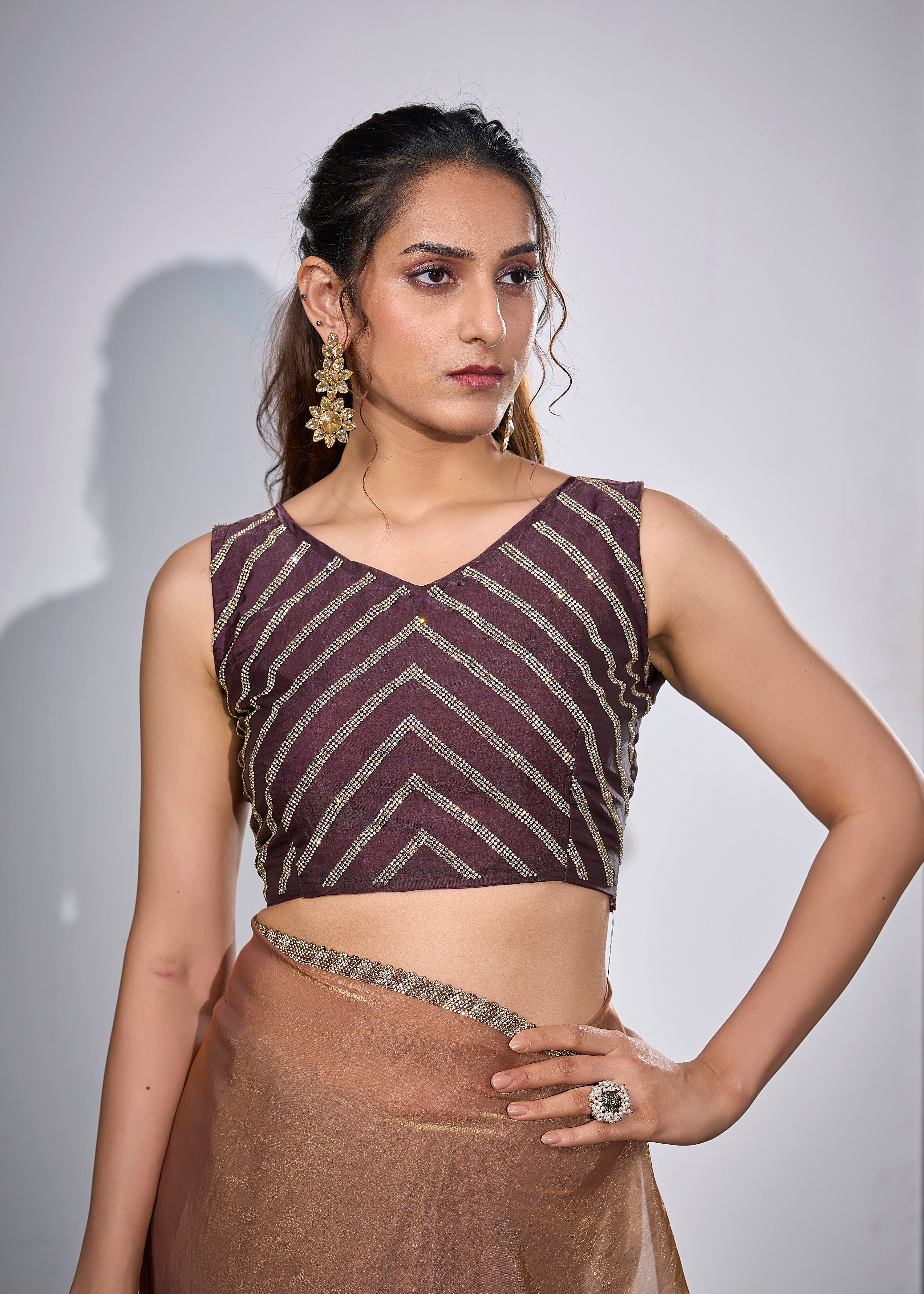 Mocha Mauve Embellished Satin Silk Saree