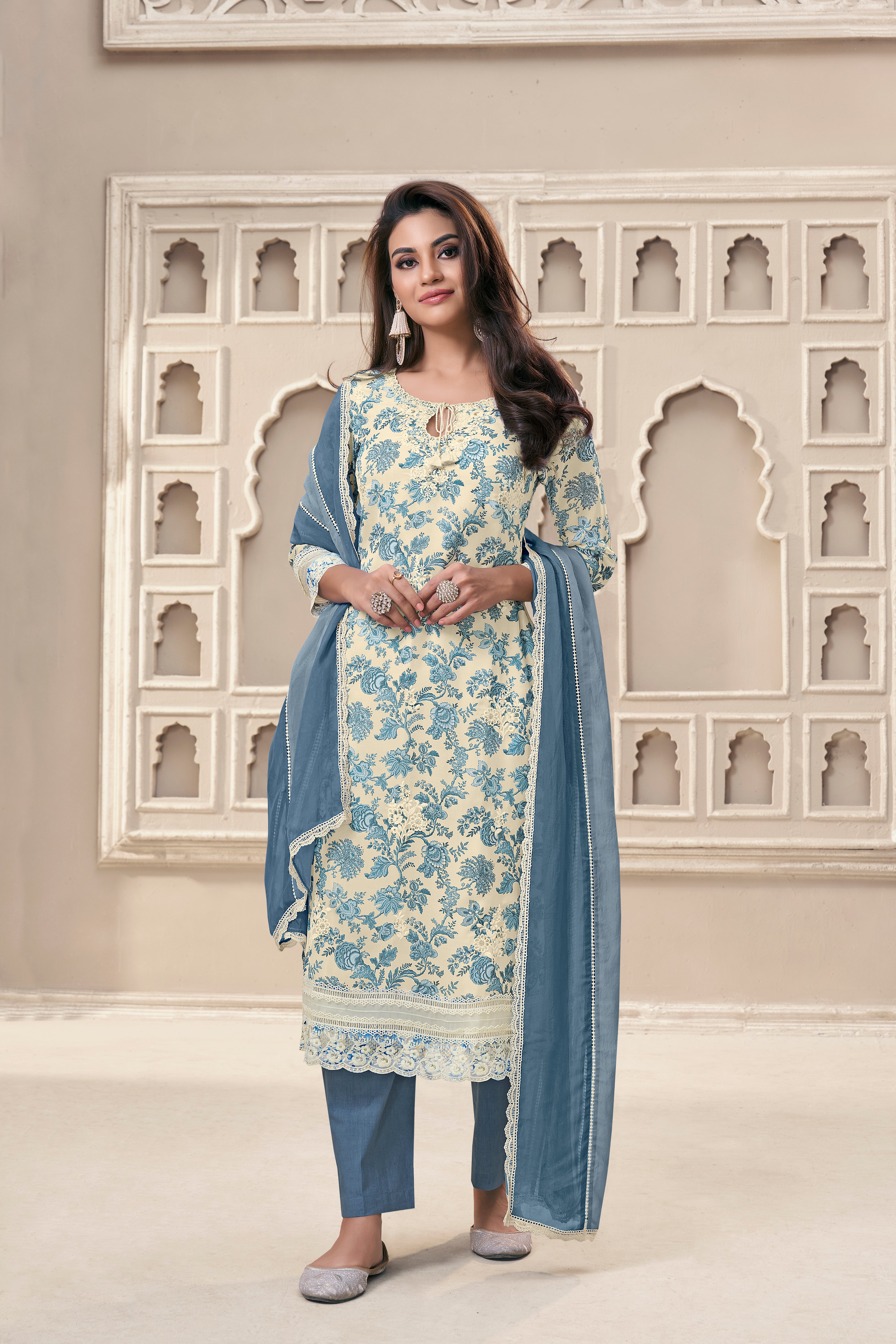 Blue Floral Organza Silk Kurta & Pant Set