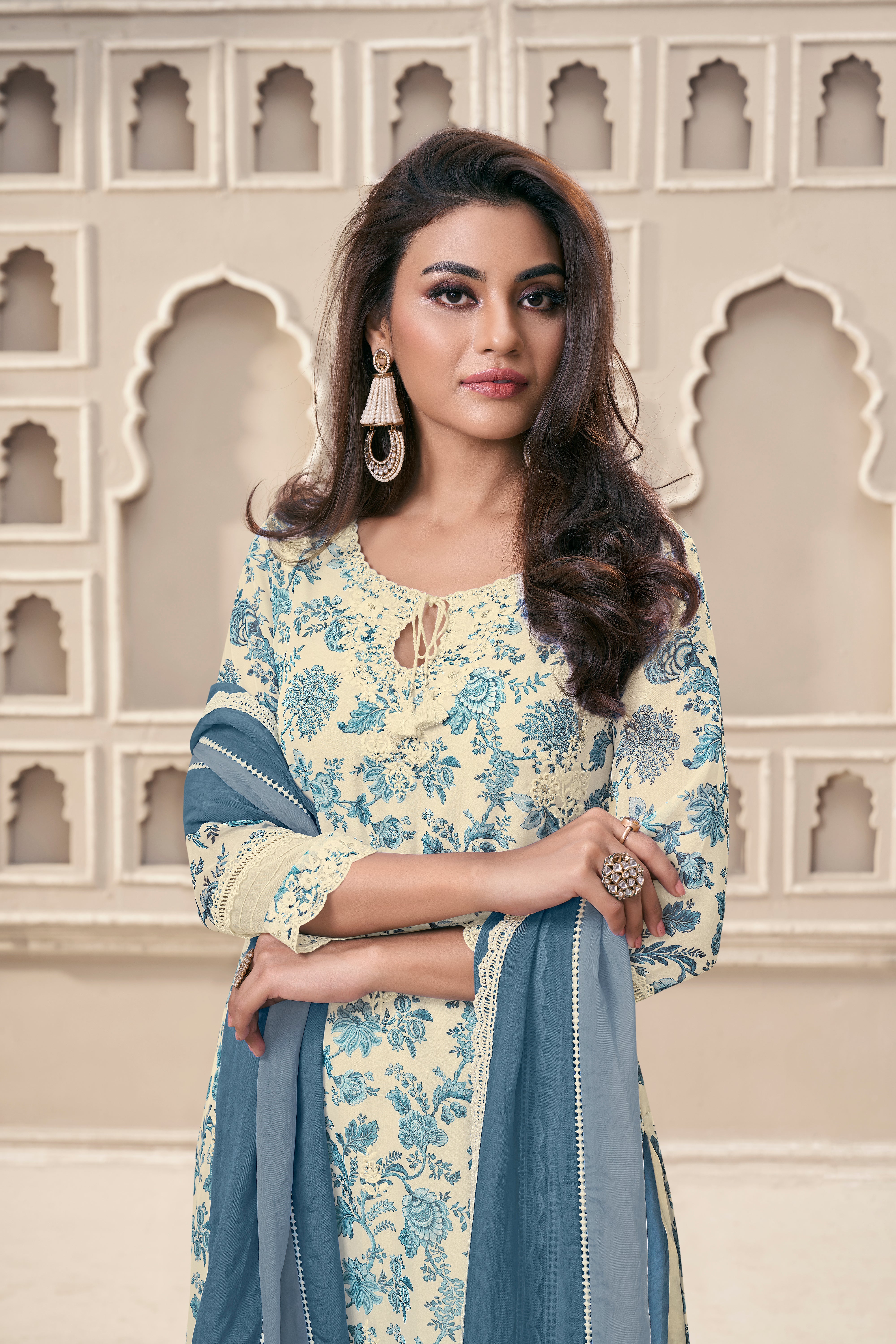 Blue Floral Organza Silk Kurta & Pant Set