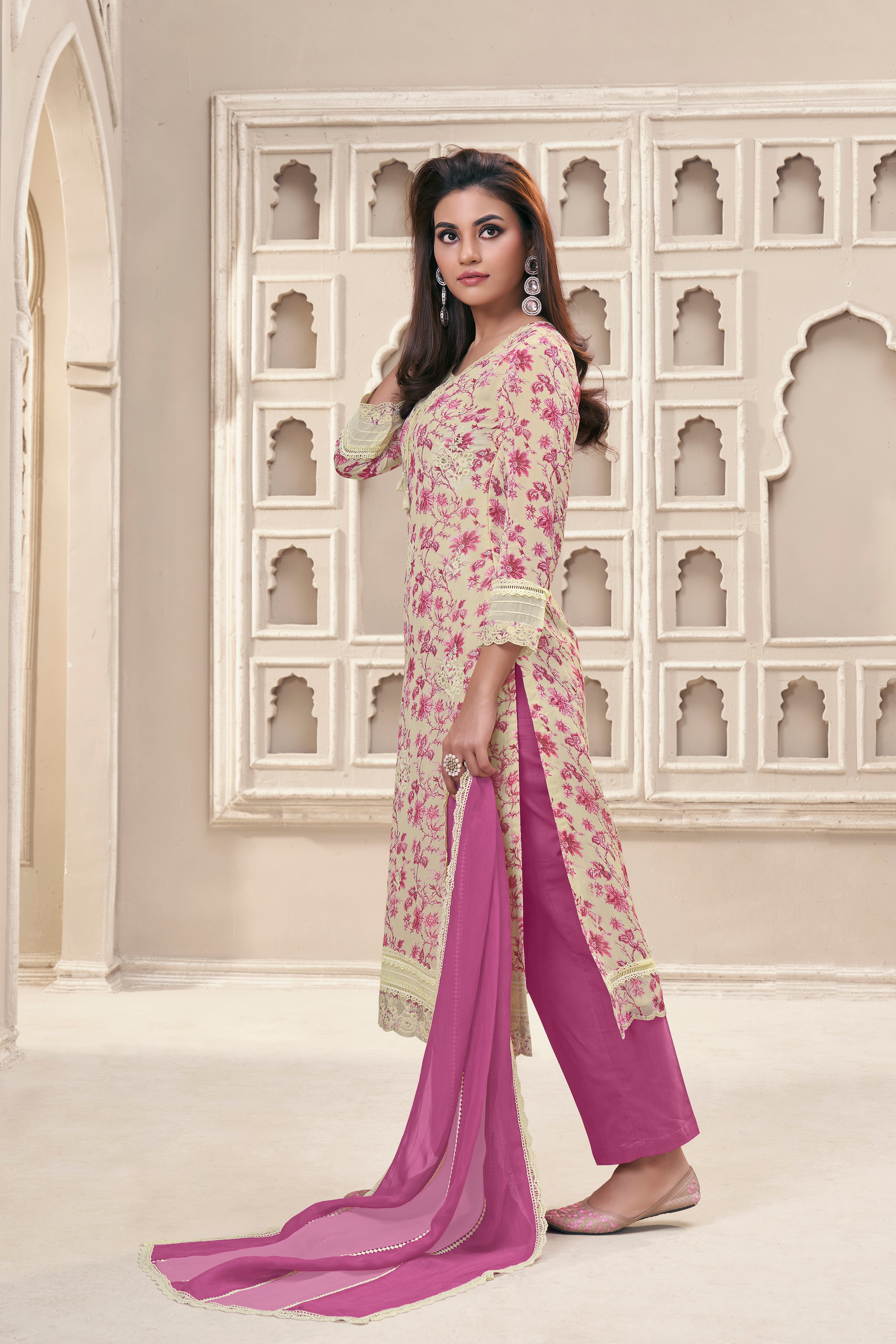 Pink Floral Organza Silk Kurta & Pant Set