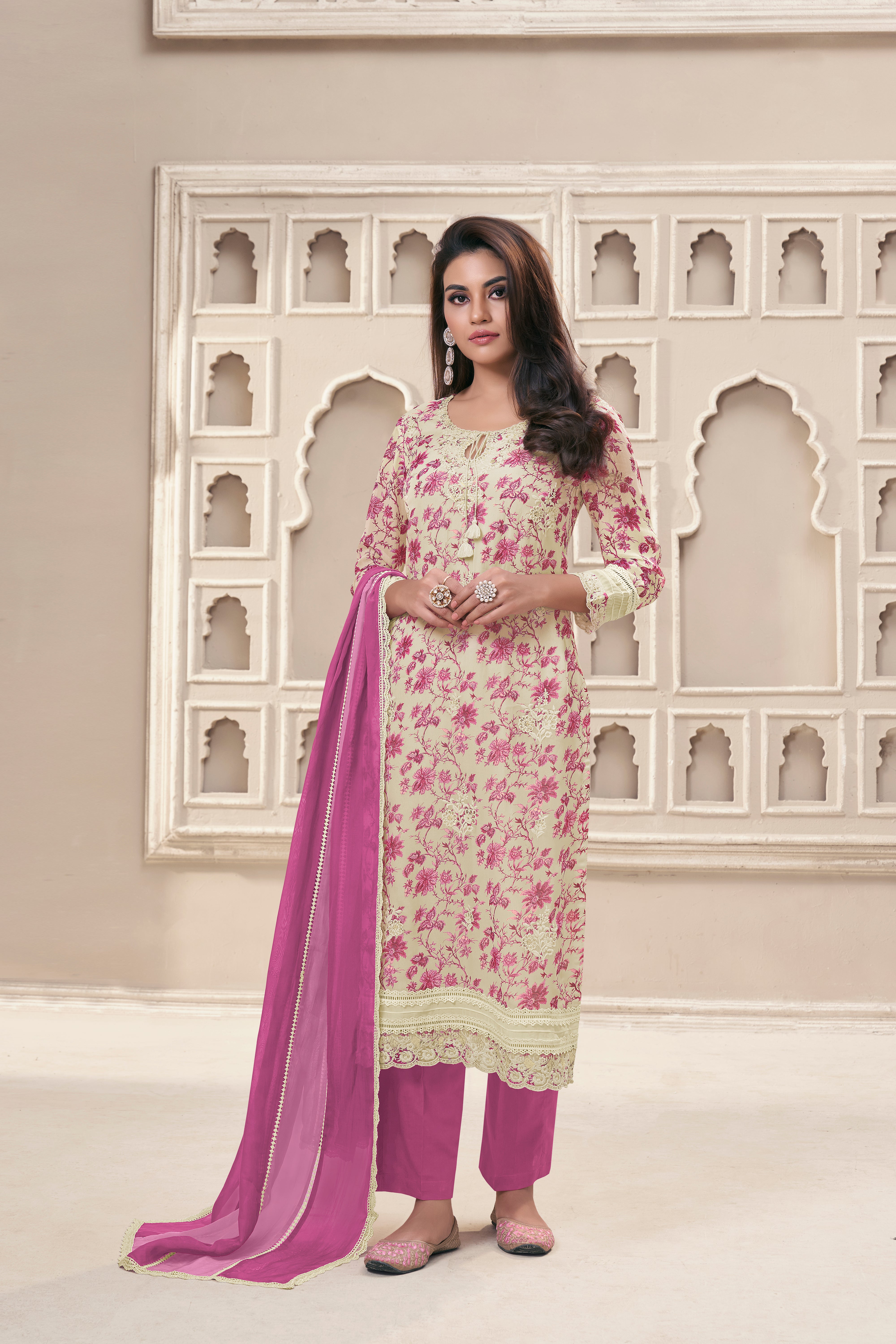 Pink Floral Organza Silk Kurta & Pant Set