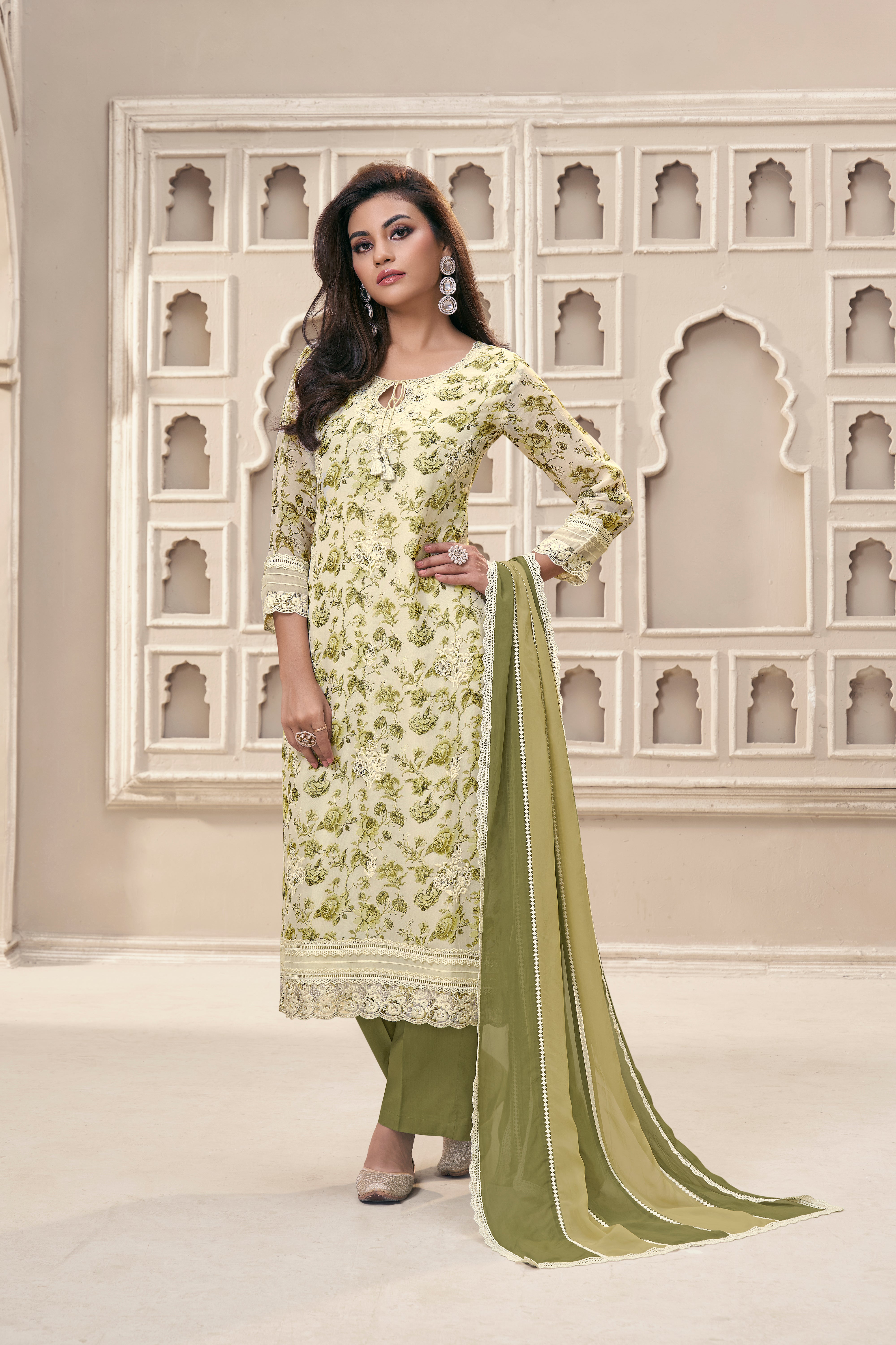 Green Floral Organza Silk Kurta & Pant Set