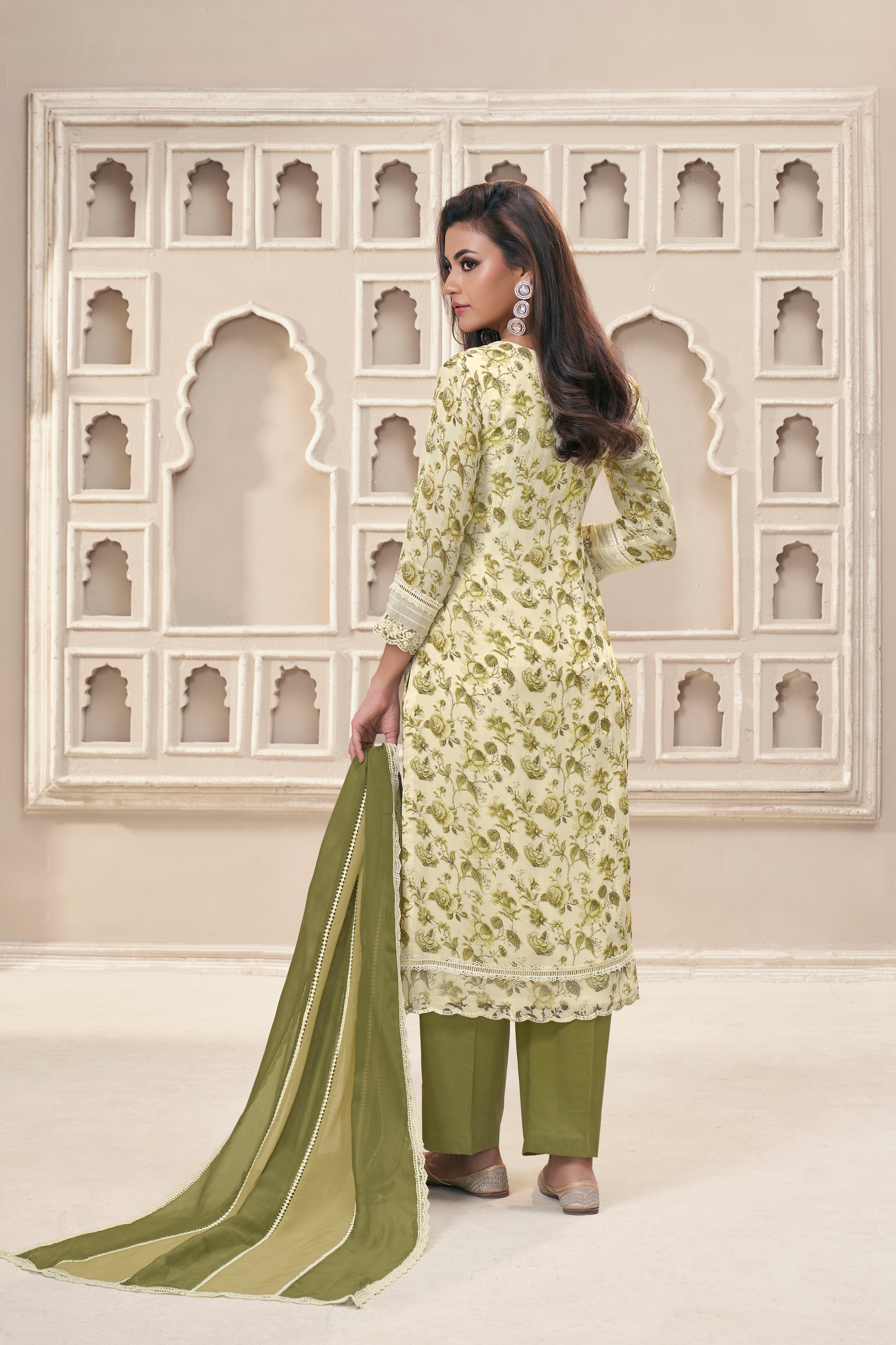 Green Floral Organza Silk Kurta & Pant Set