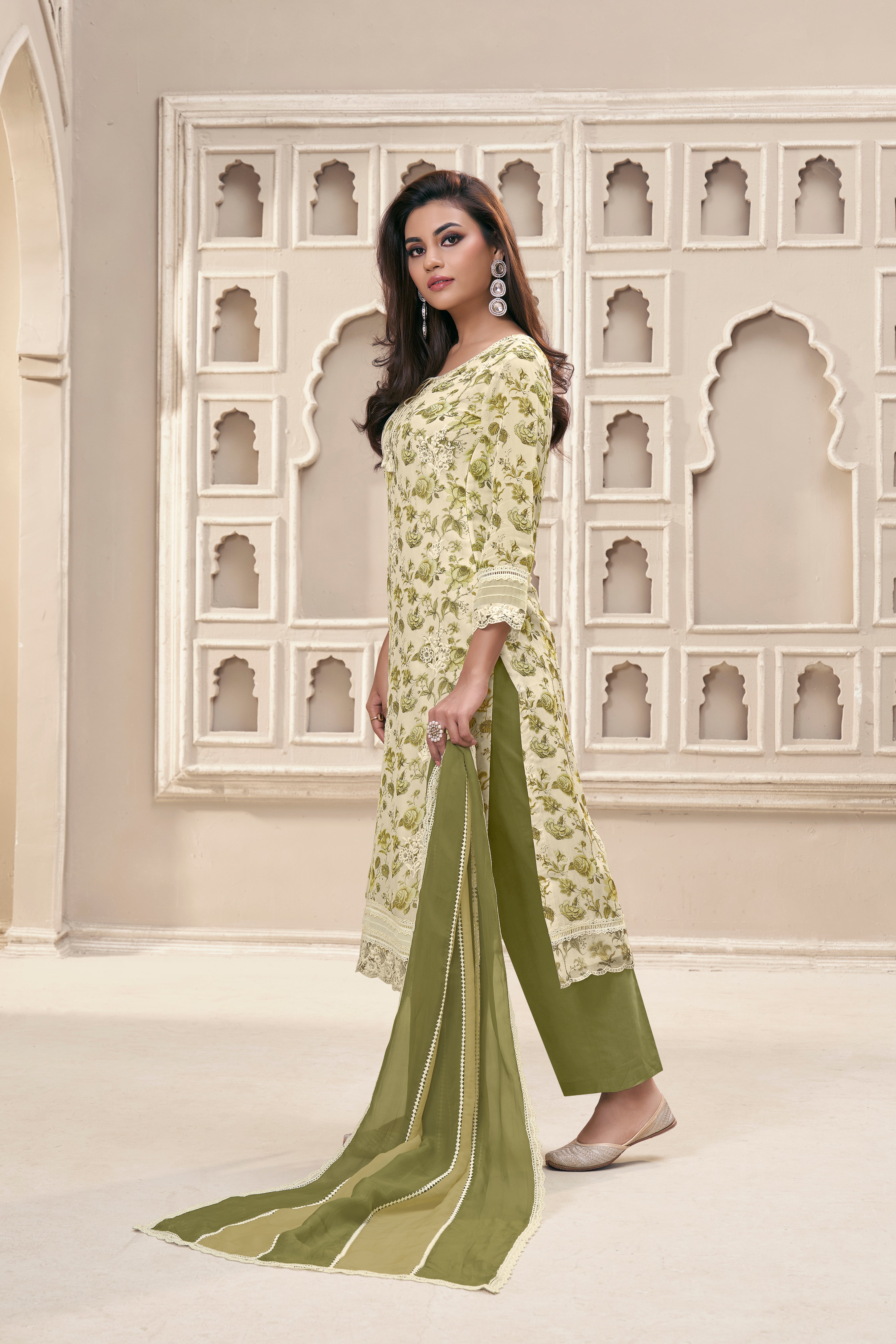Green Floral Organza Silk Kurta & Pant Set