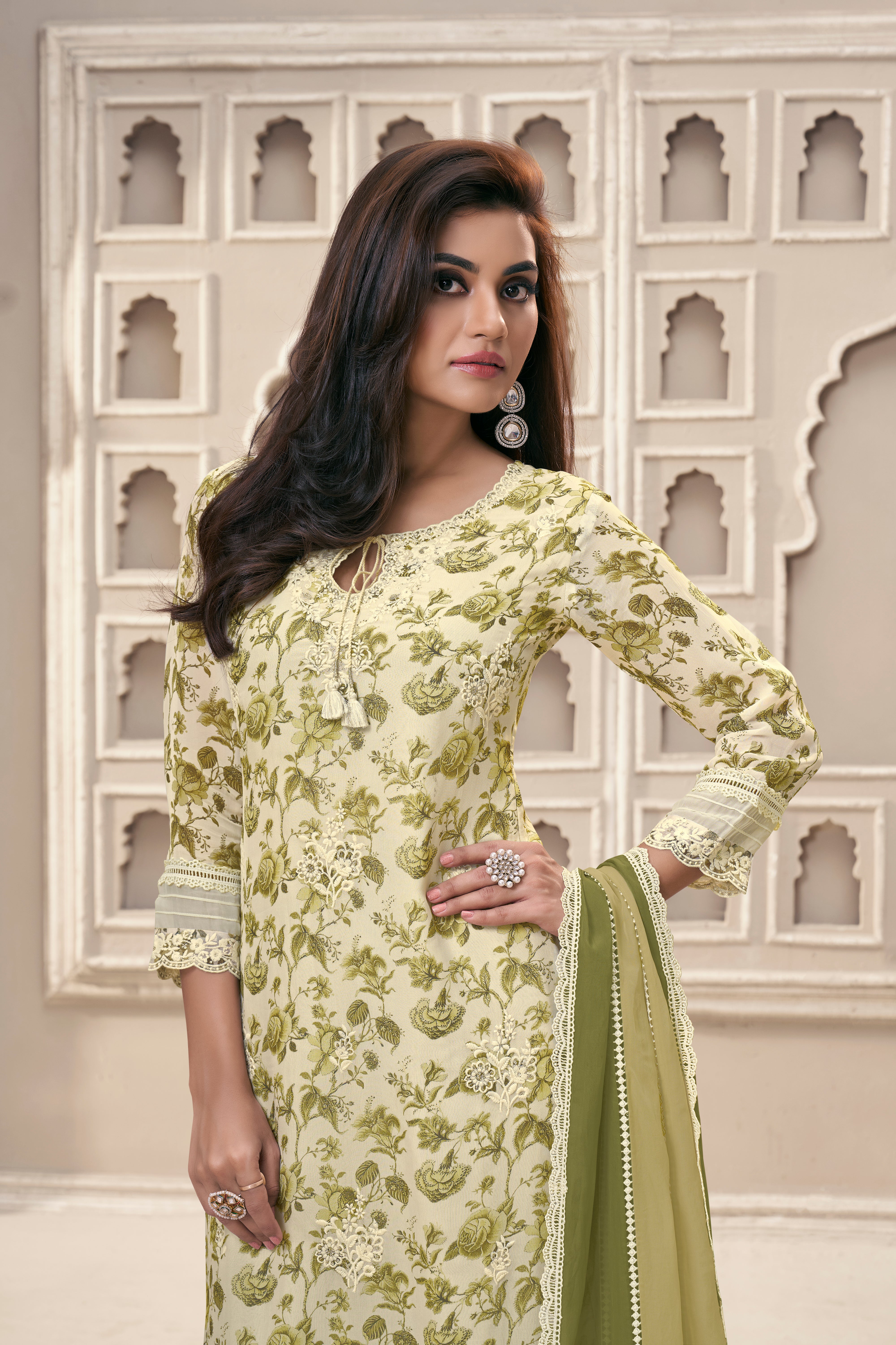 Green Floral Organza Silk Kurta & Pant Set