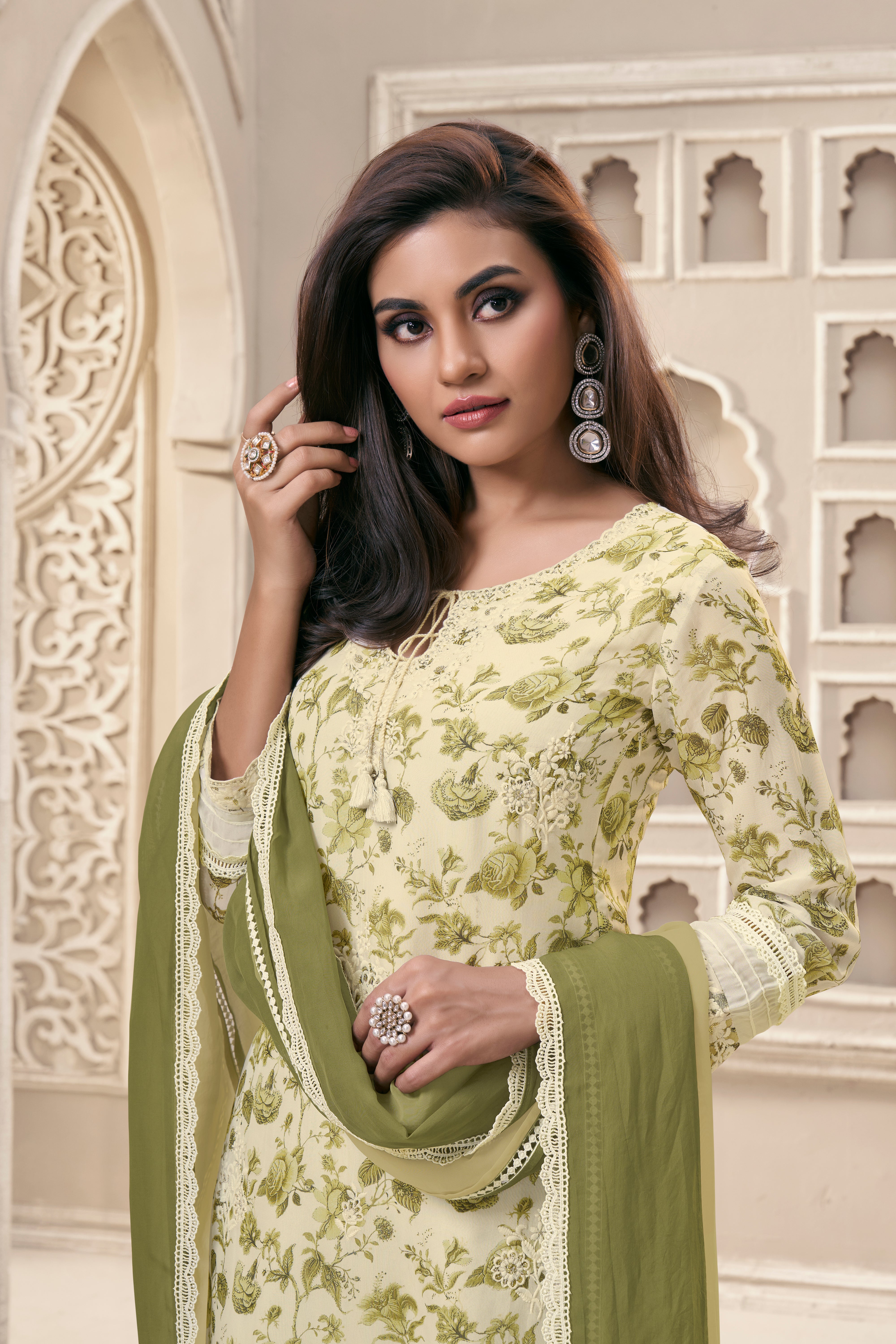 Green Floral Organza Silk Kurta & Pant Set