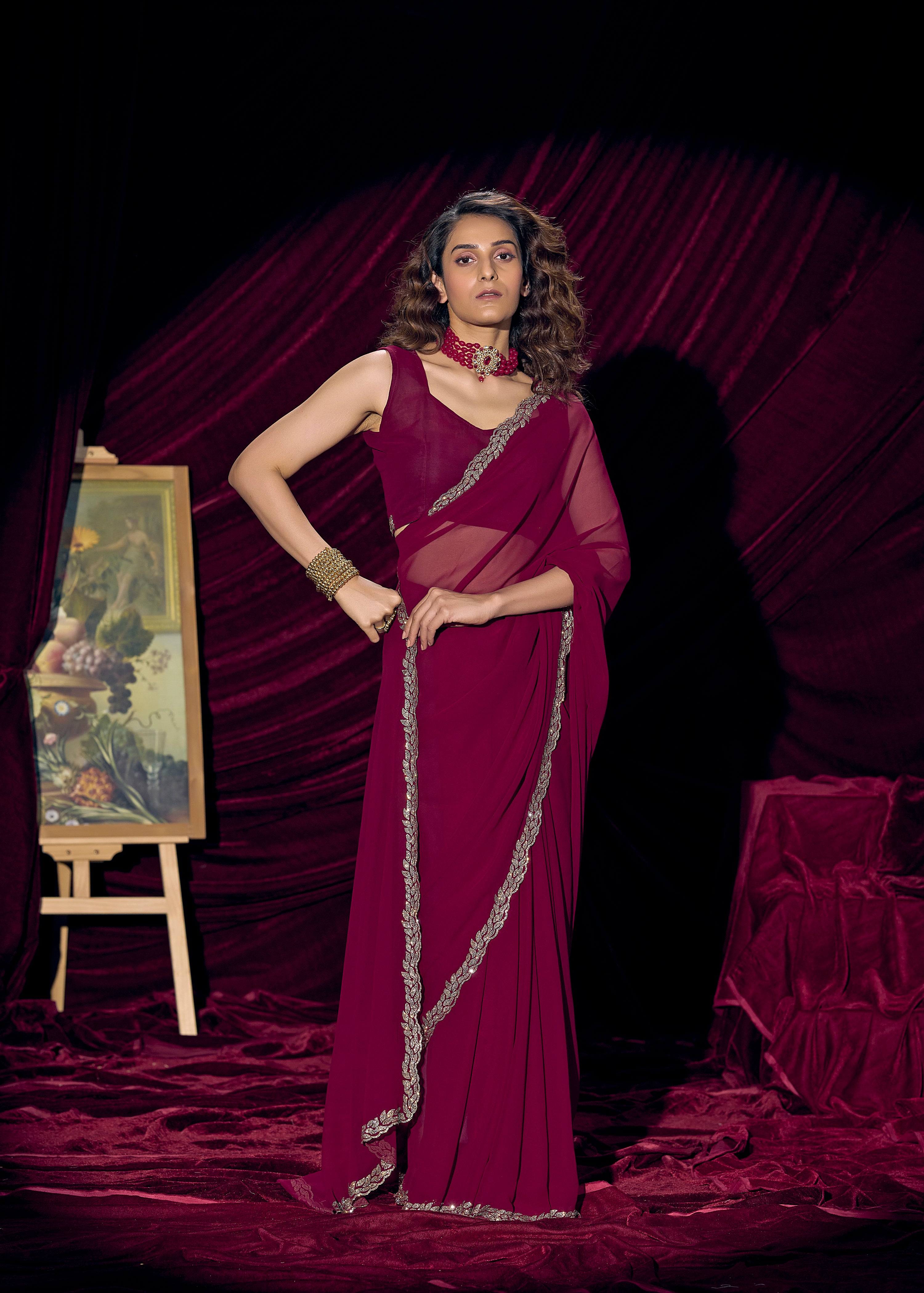 Berry Magenta Embellished Georgette Saree