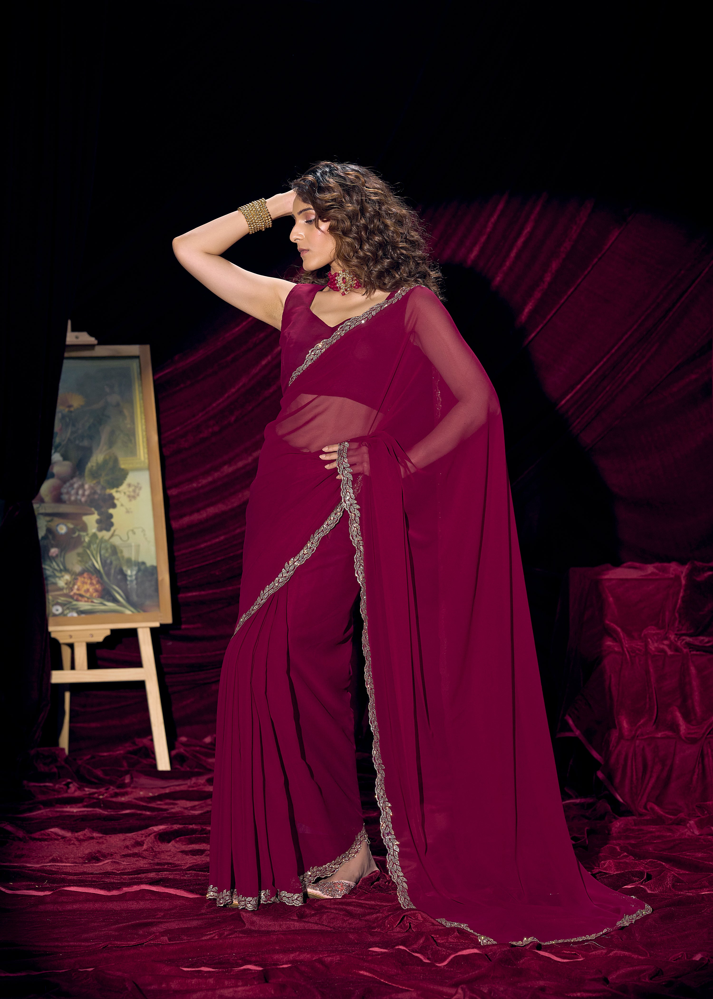 Berry Magenta Embellished Georgette Saree