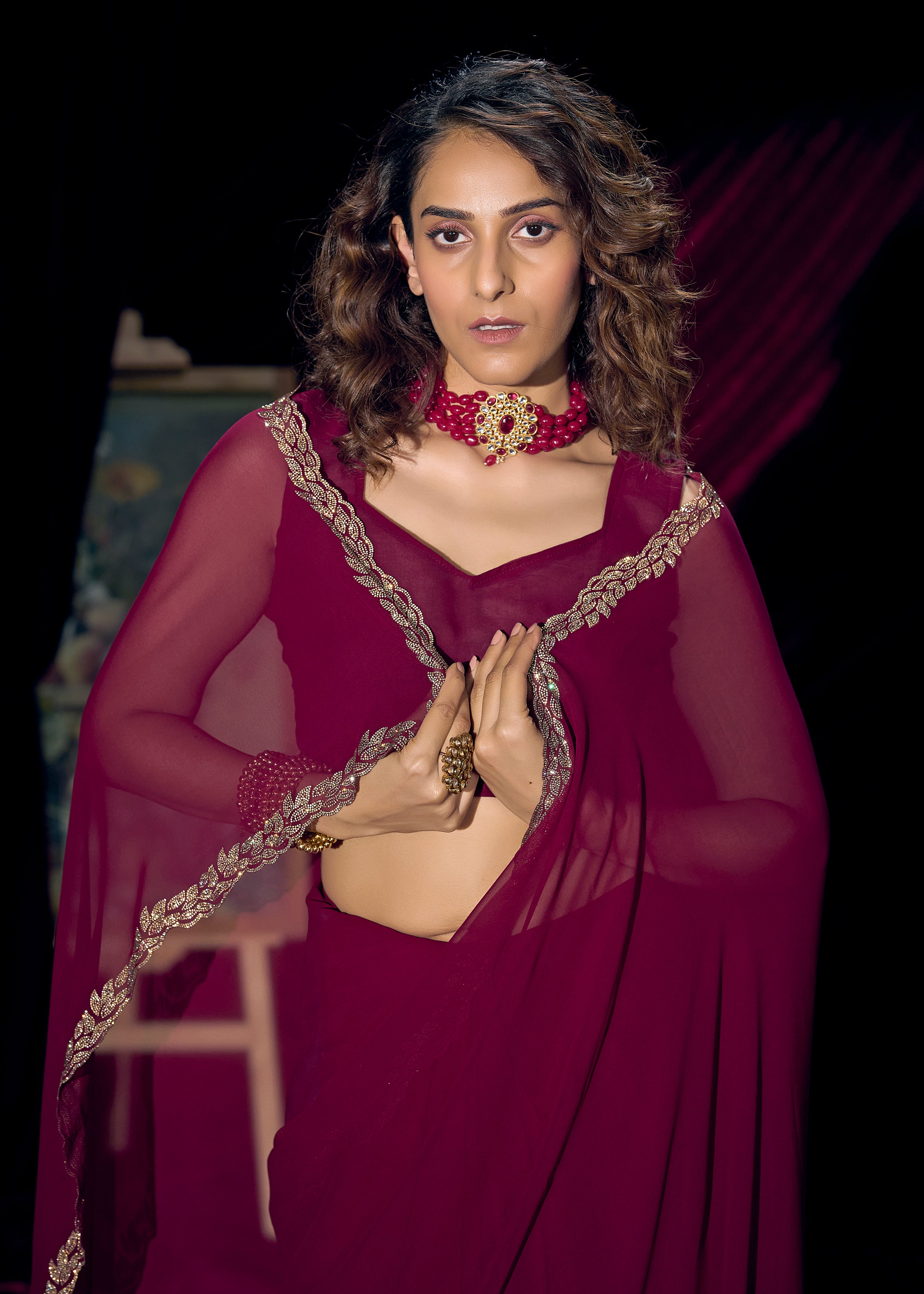 Berry Magenta Embellished Georgette Saree