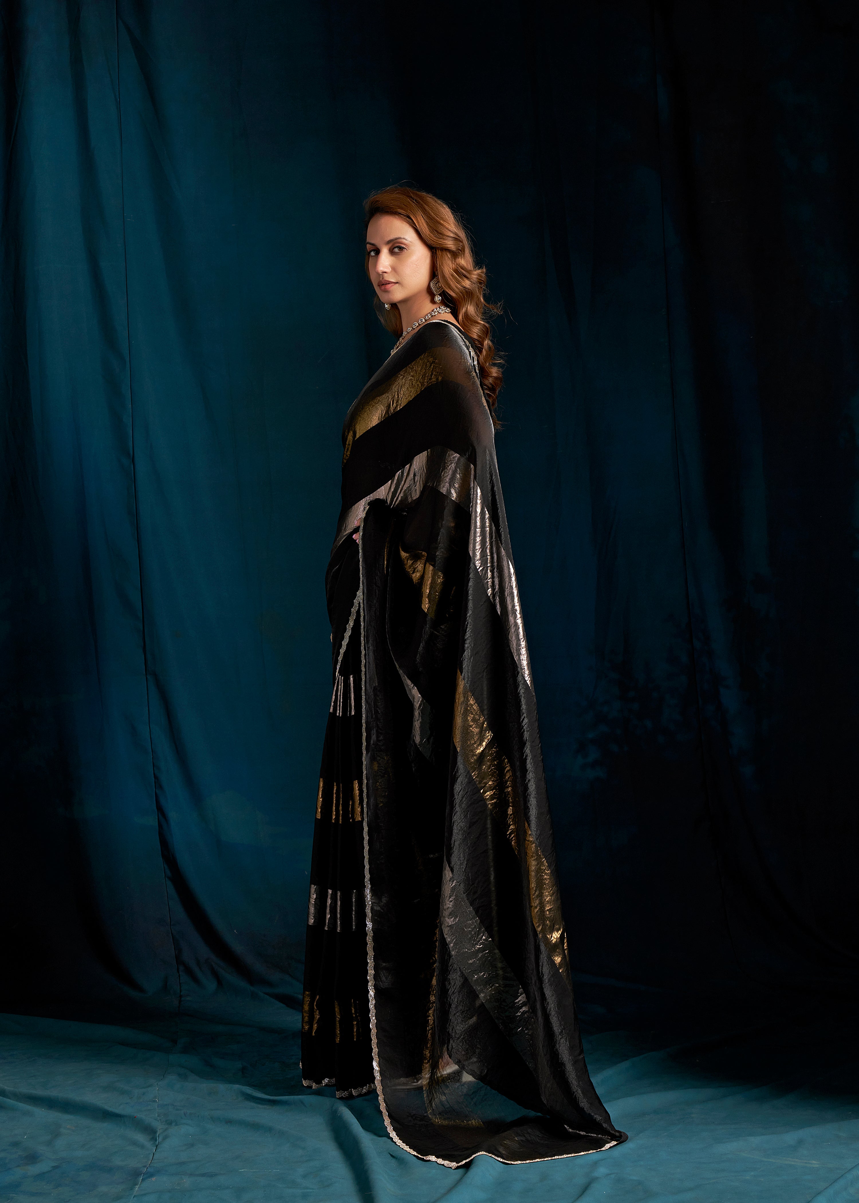 Metallic Black Embellished Satin Silk Saree