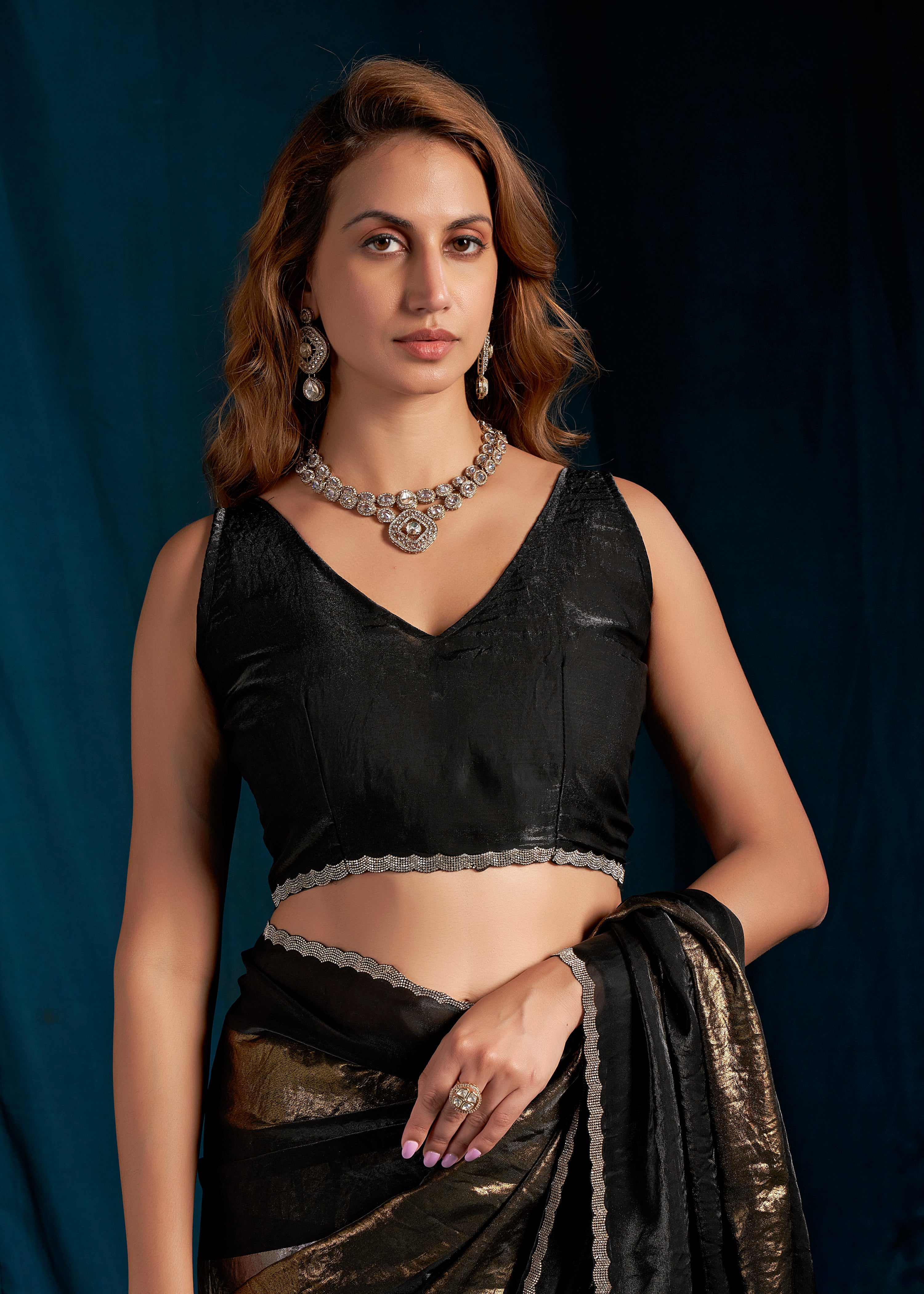 Metallic Black Embellished Satin Silk Saree