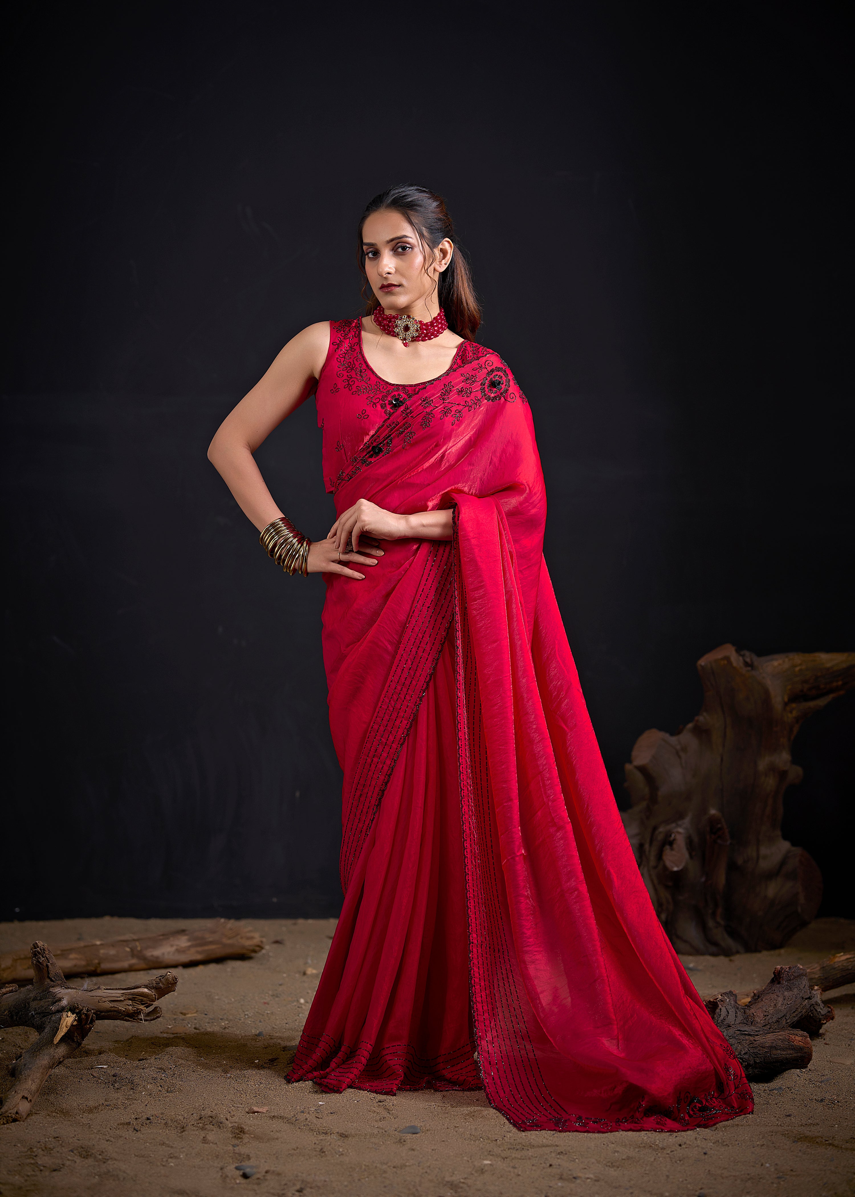 Cherry Red Embellished Tissue Silk Saree