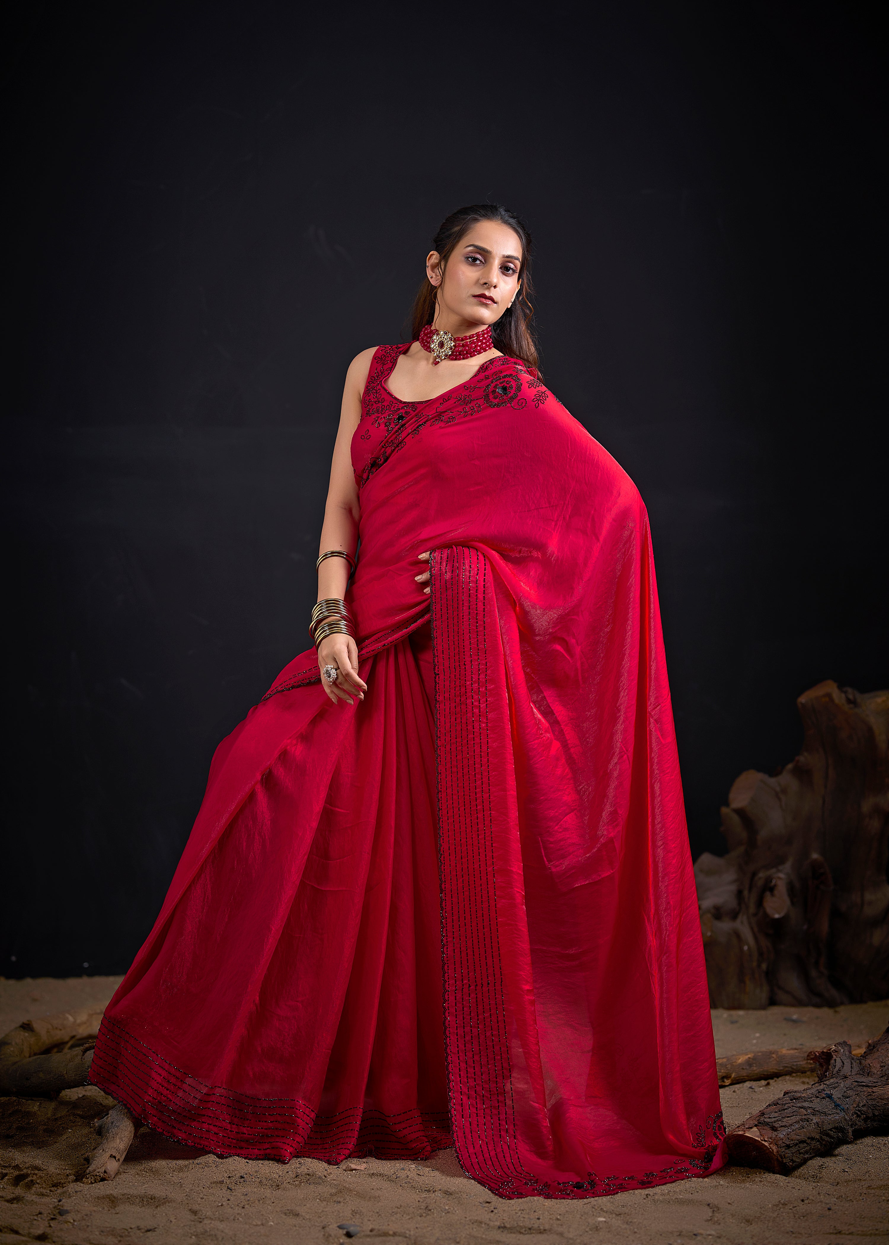 Cherry Red Embellished Tissue Silk Saree