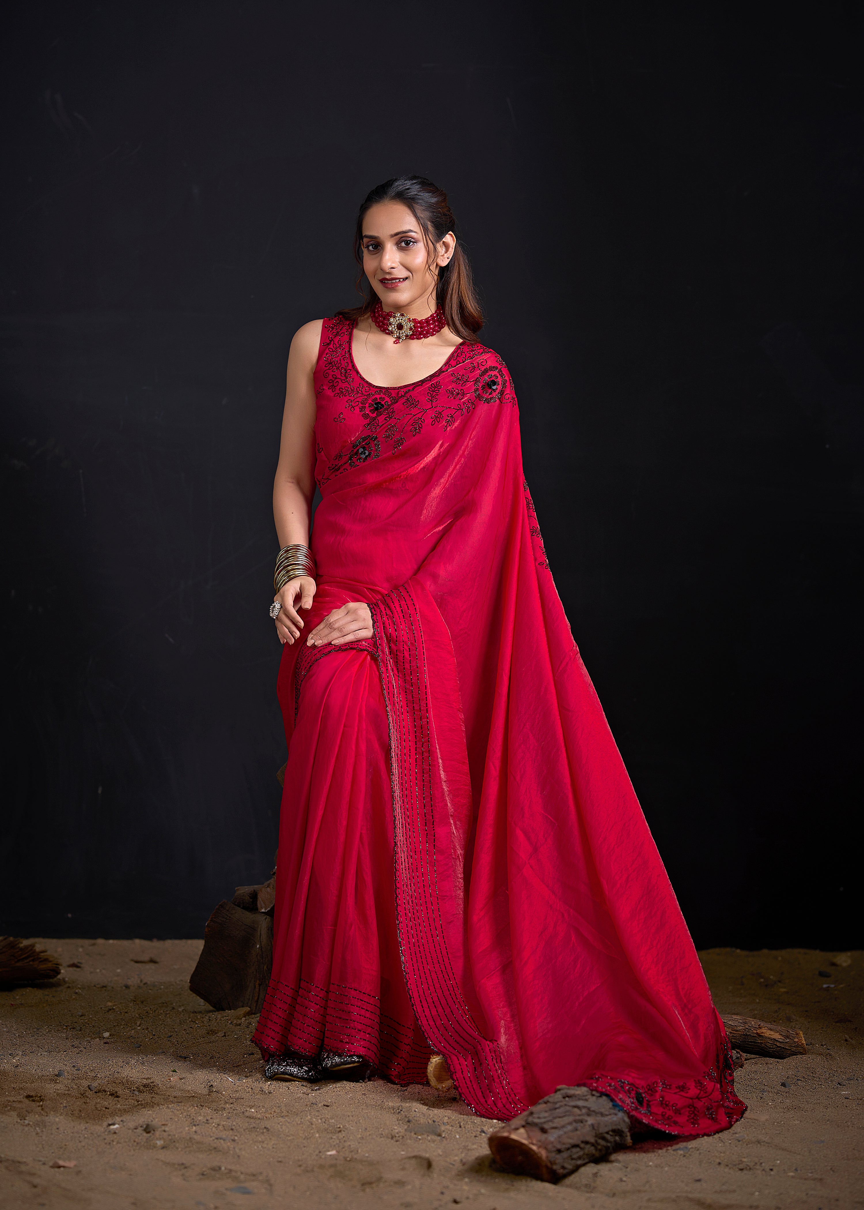 Cherry Red Embellished Tissue Silk Saree