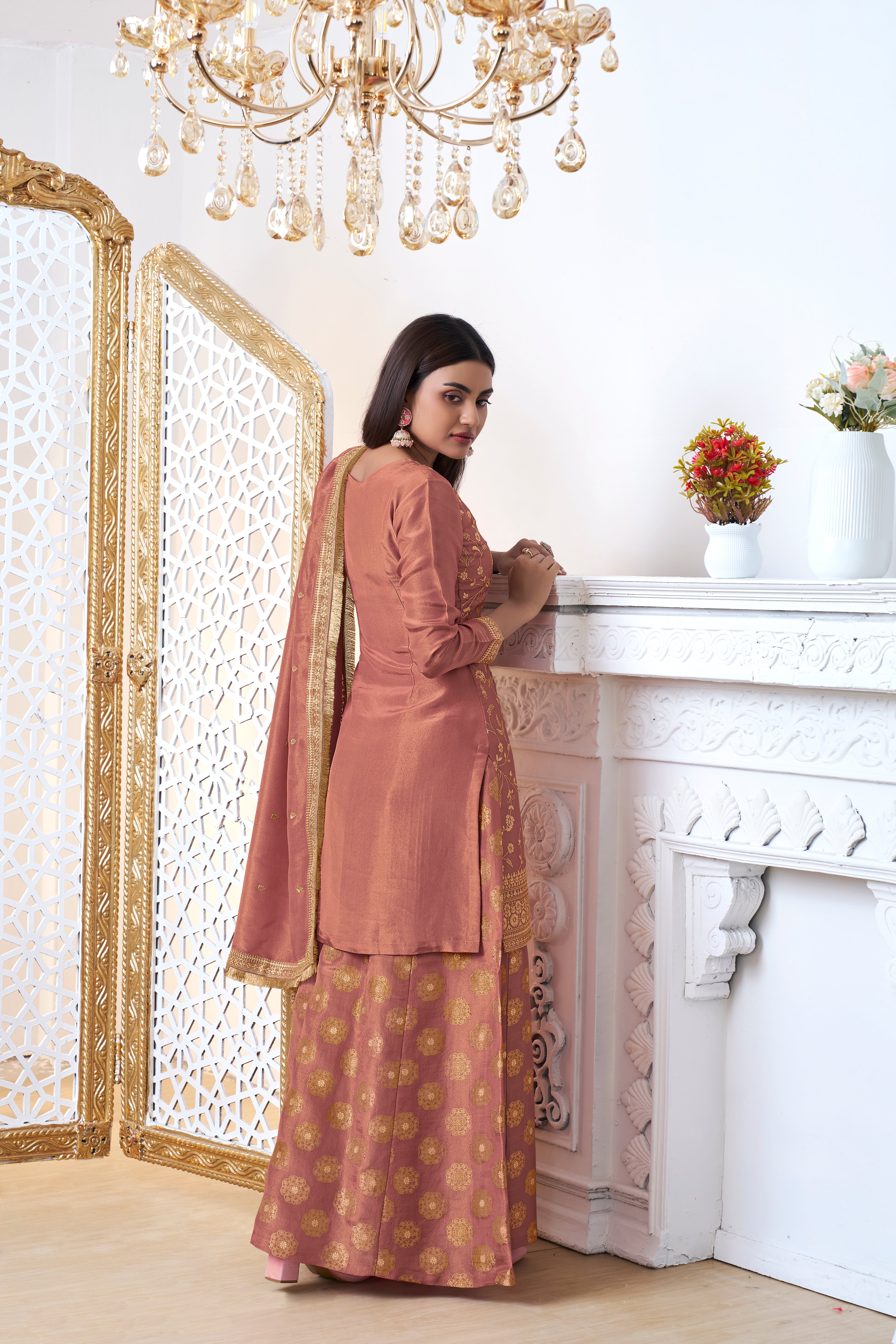 Golden Peach Banarasi Kurta & Palazzo Set