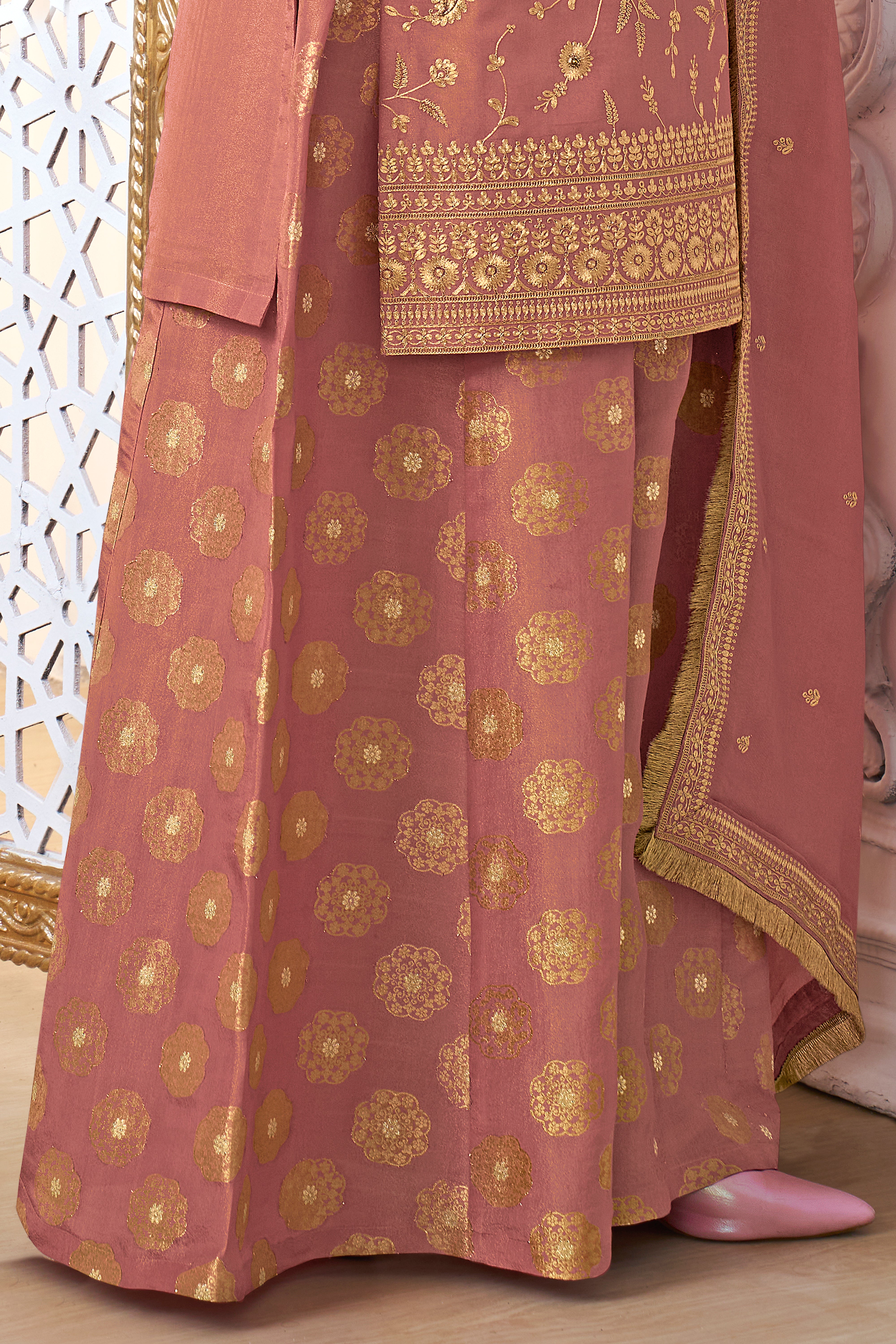 Golden Peach Banarasi Kurta & Palazzo Set