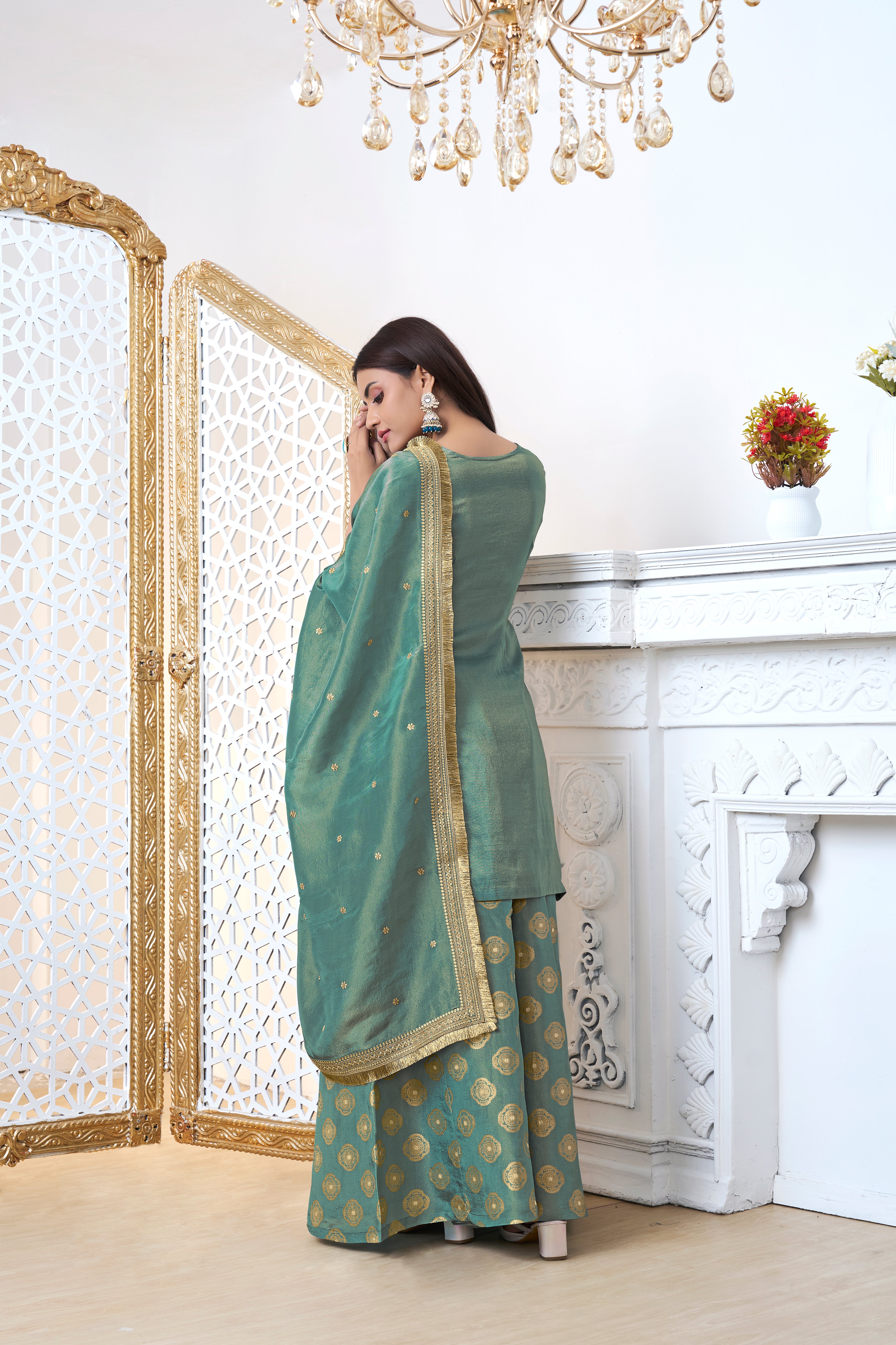 Golden Teal Banarasi Kurta & Palazzo Set