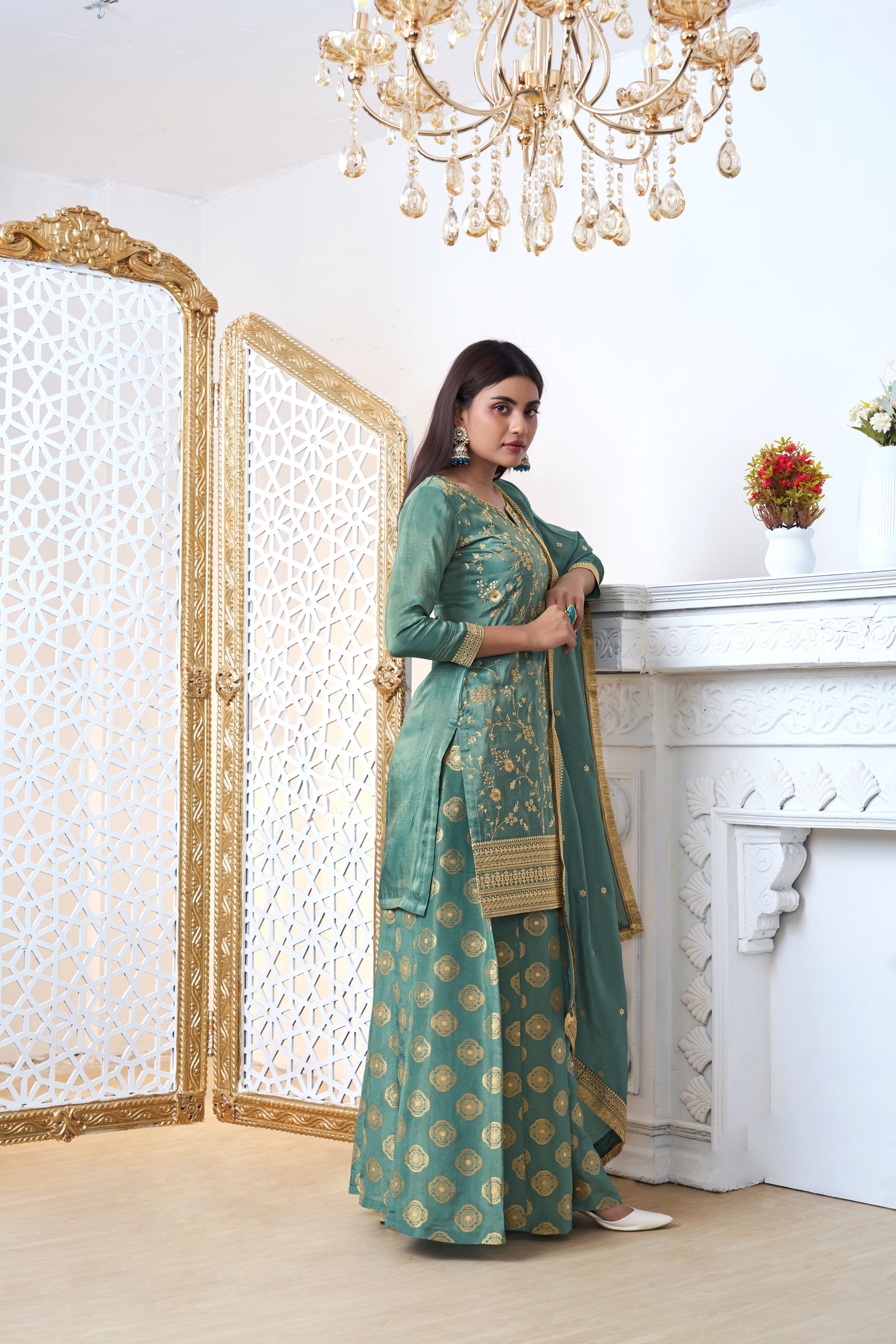 Golden Teal Banarasi Kurta & Palazzo Set