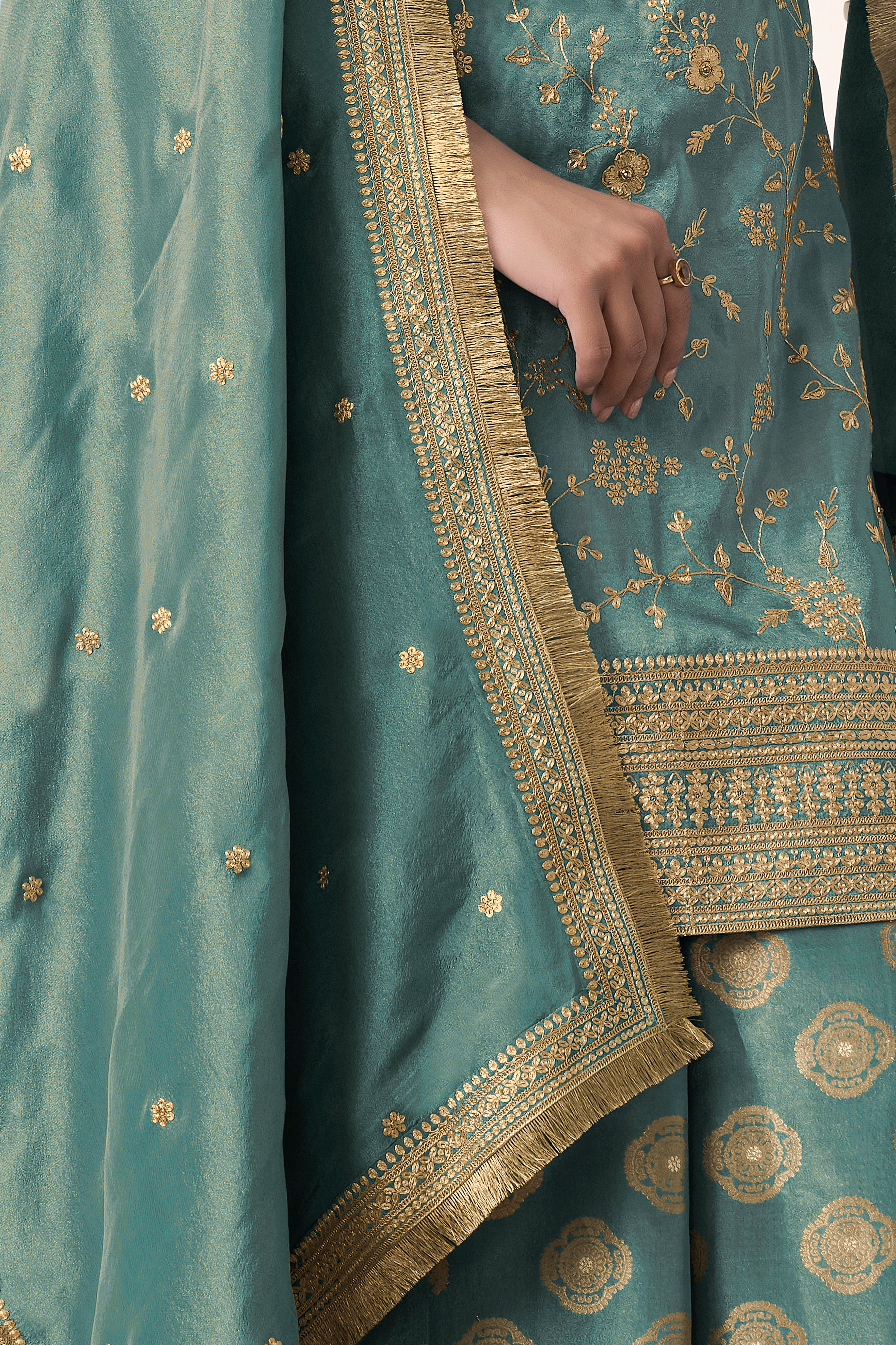 Golden Teal Banarasi Kurta & Palazzo Set